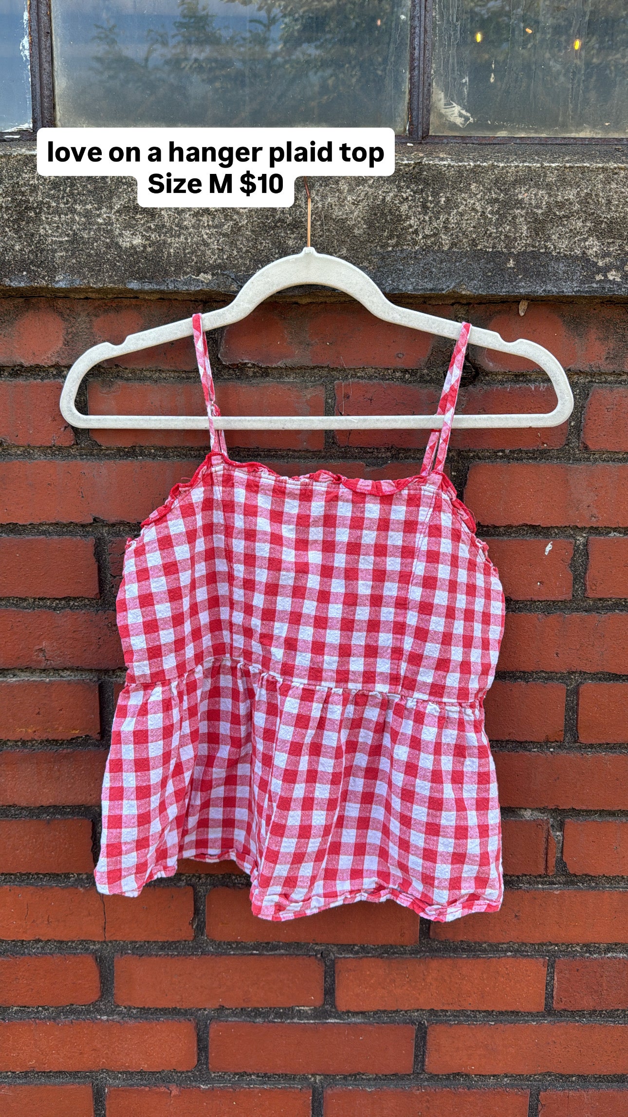 red white love on a hanger gingham smocked tank, m