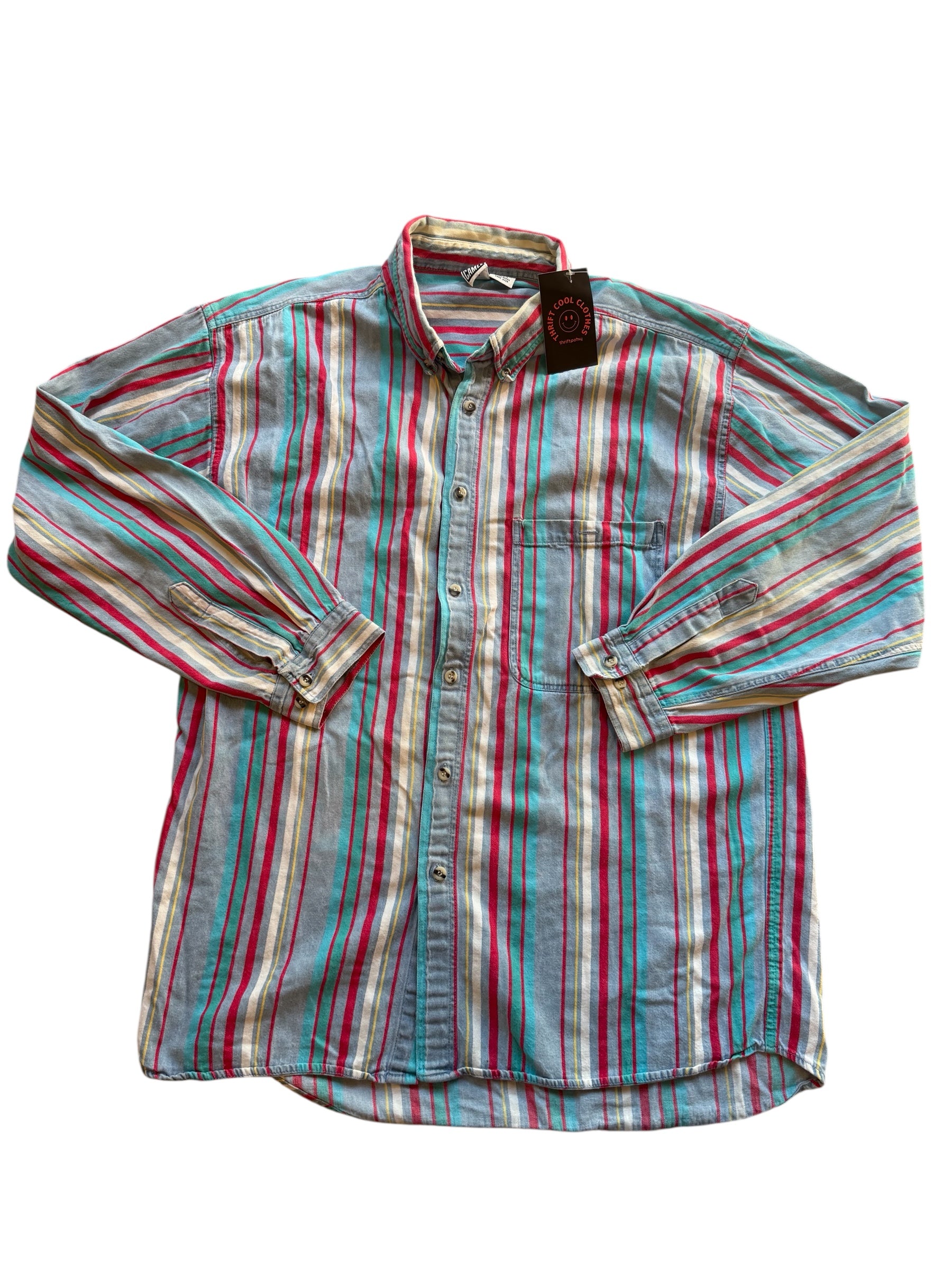 Blue red yellow Red camel Stripe button down, L