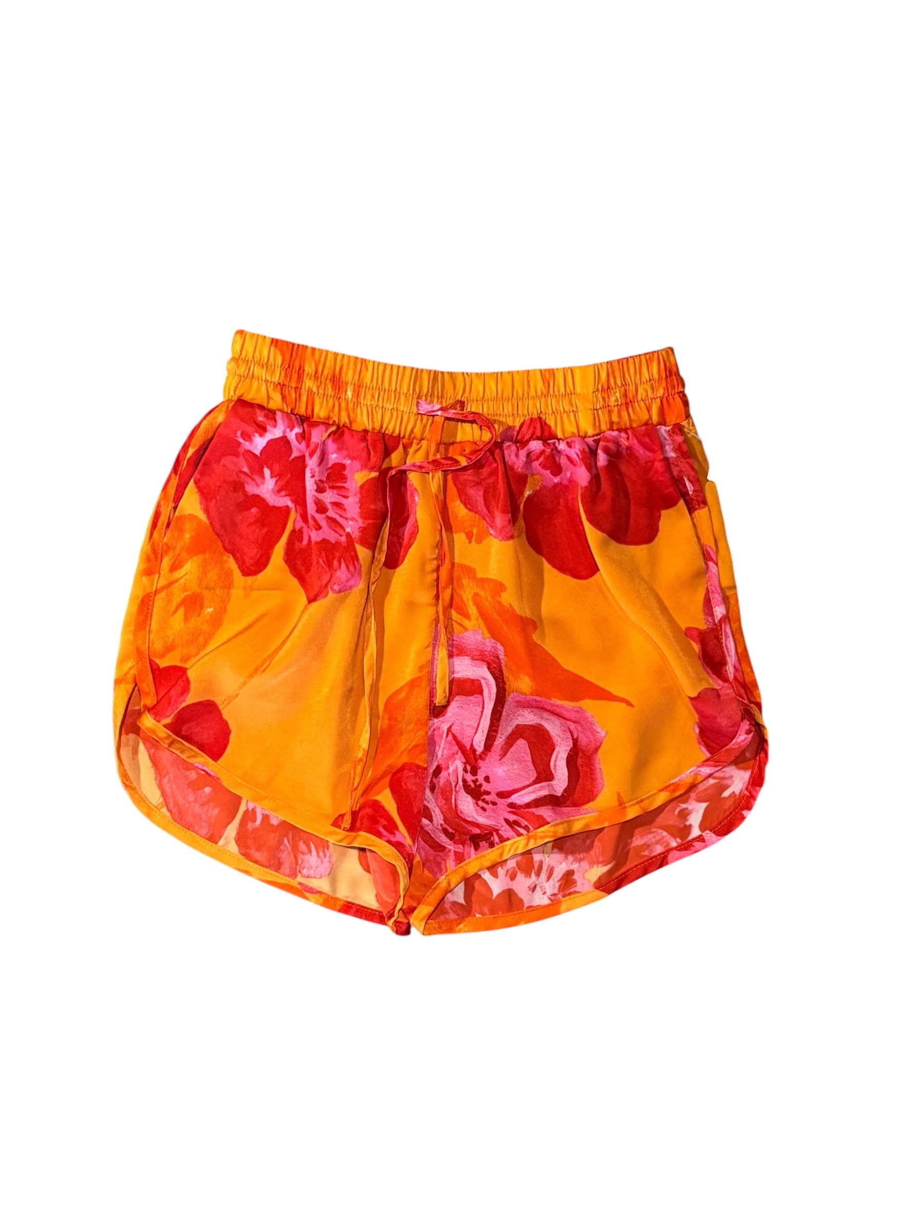 pink orange C&V floral pattern drawstring short, s