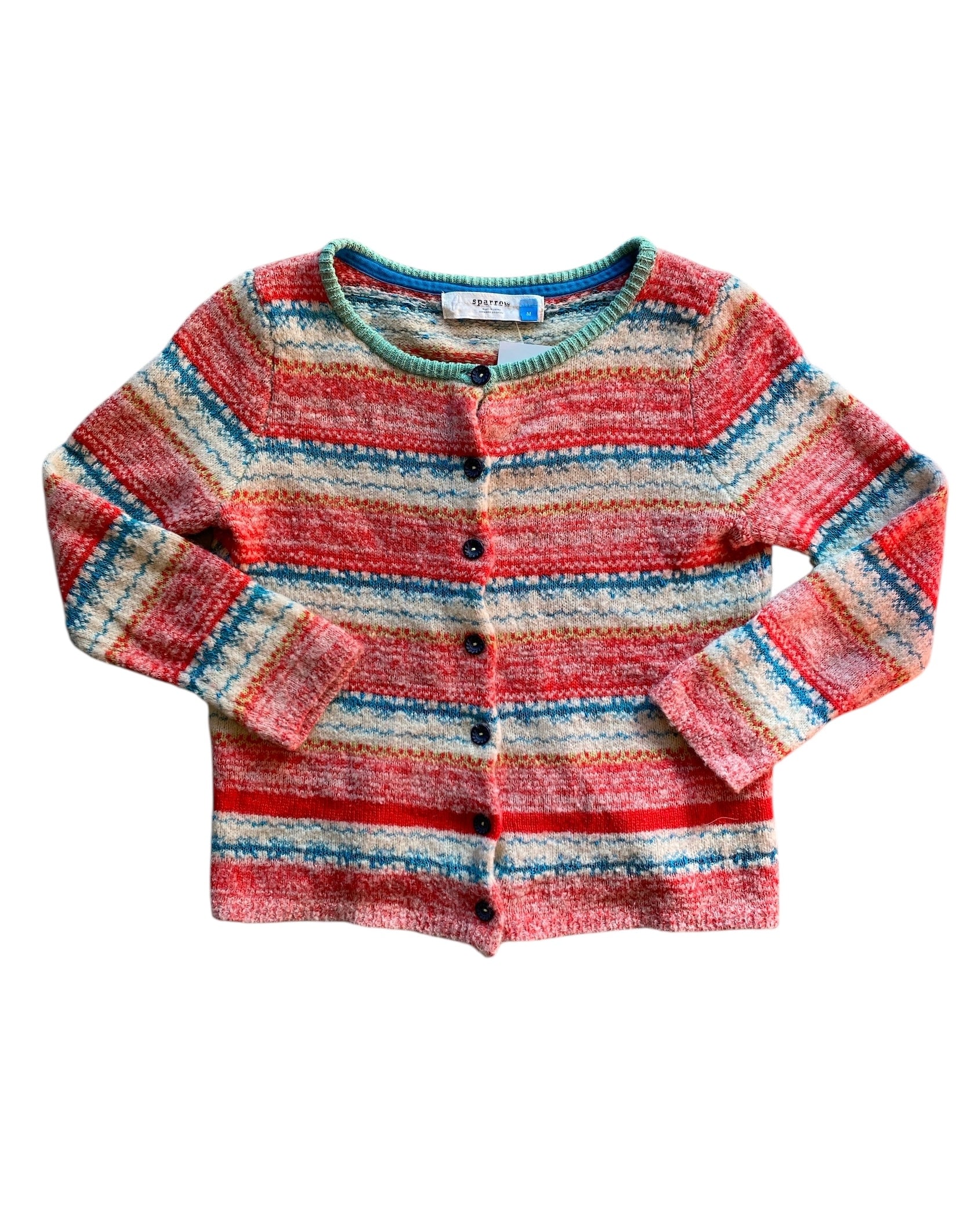 green pink blue sparrow striped cardigan, m