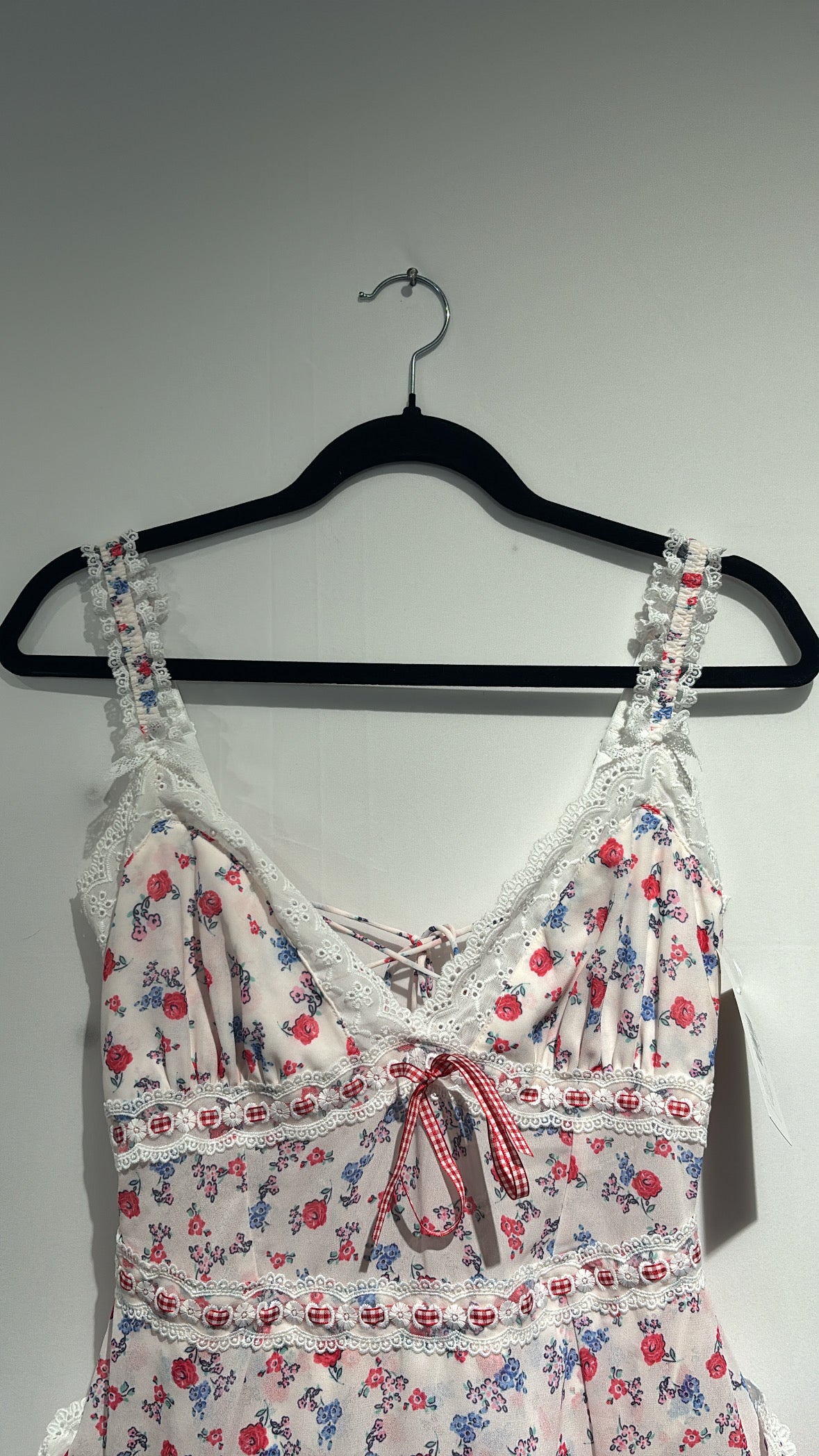 white pink blue for love and lemons floral eyelet dress, m