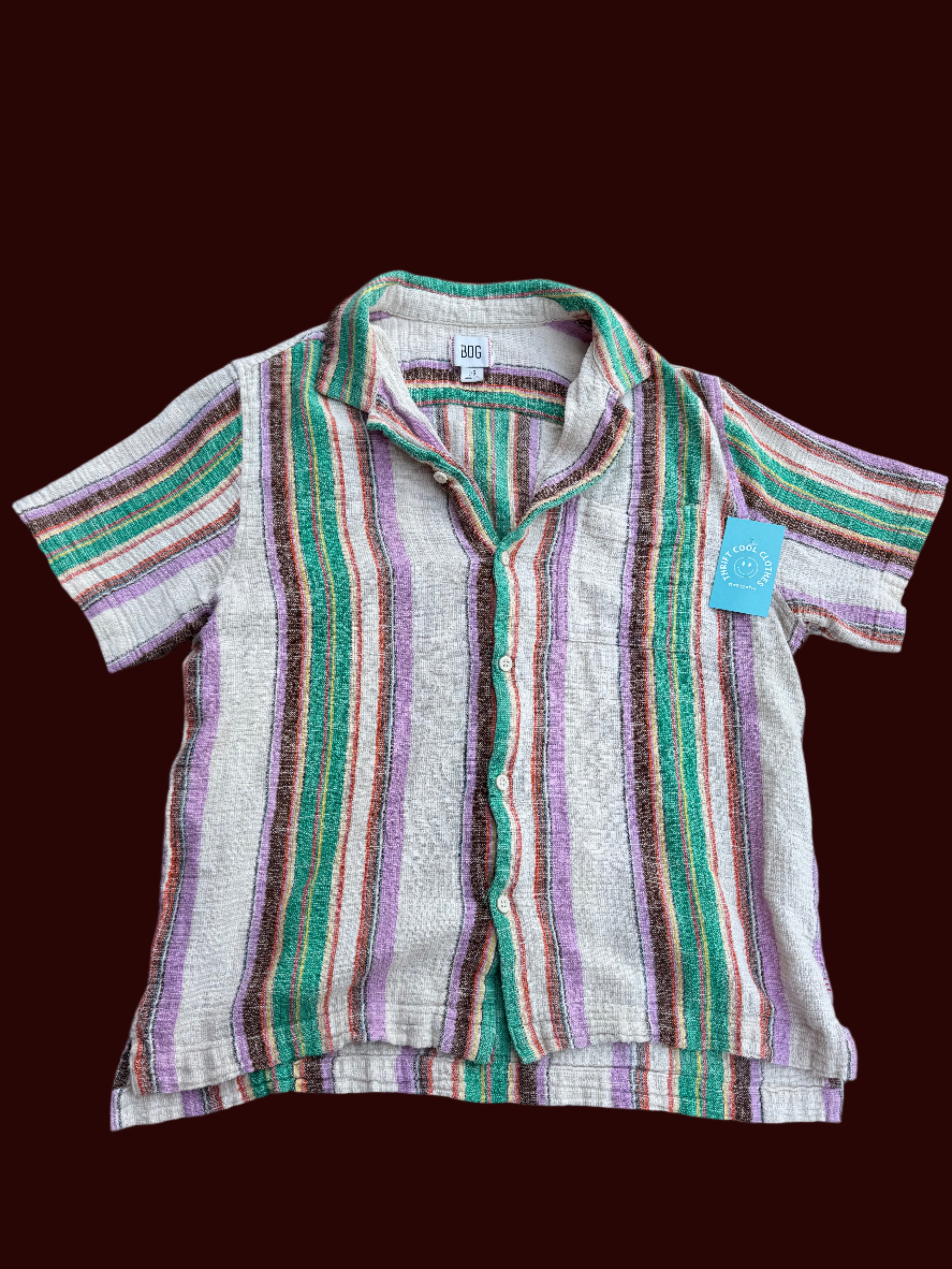 Orange green Bdg Striped ss button up, L