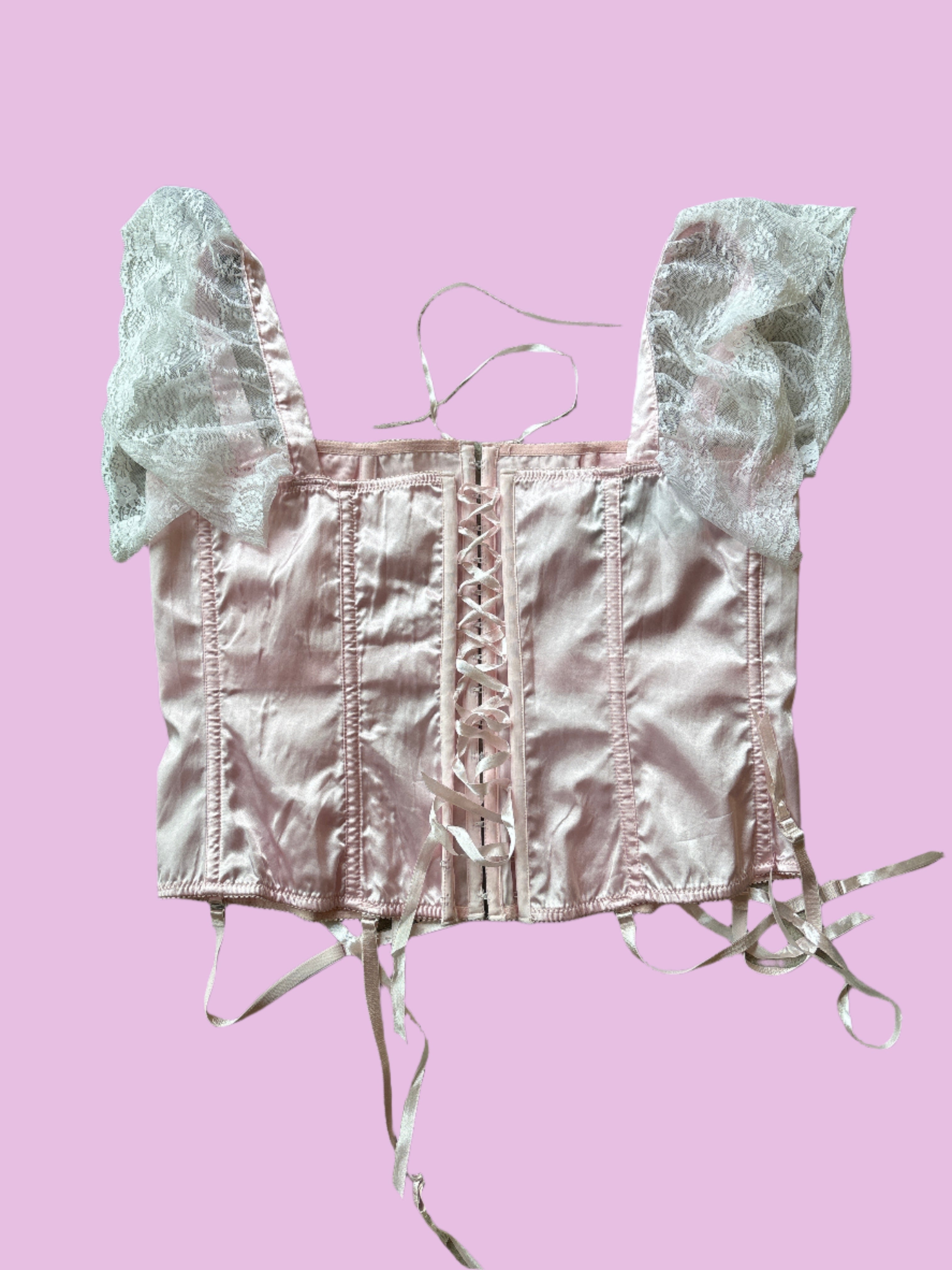 pink elegent moments corset w hanging lace sleeve, 42