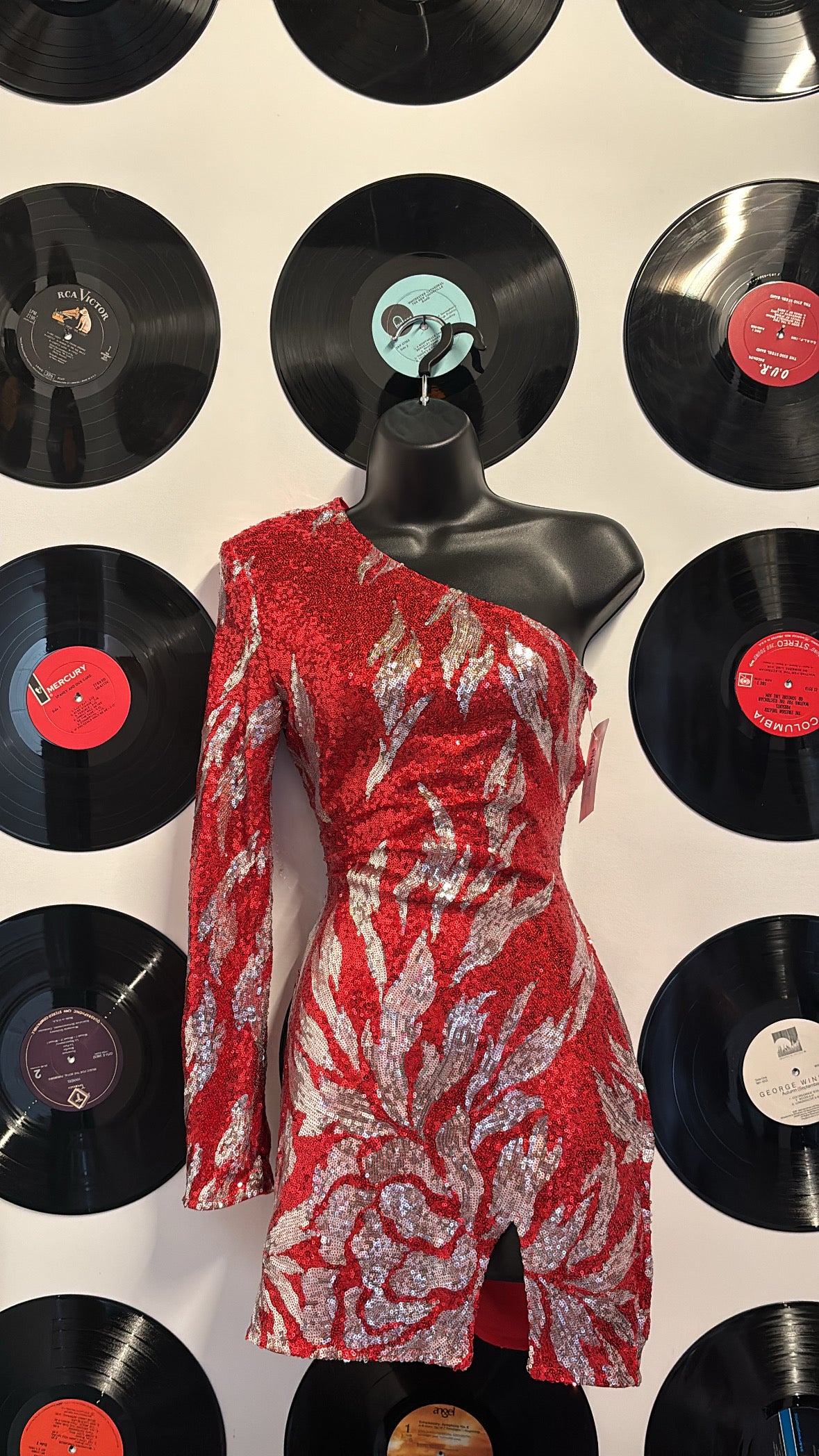 red silver fashion nova sequin one shoulder flower dress, s