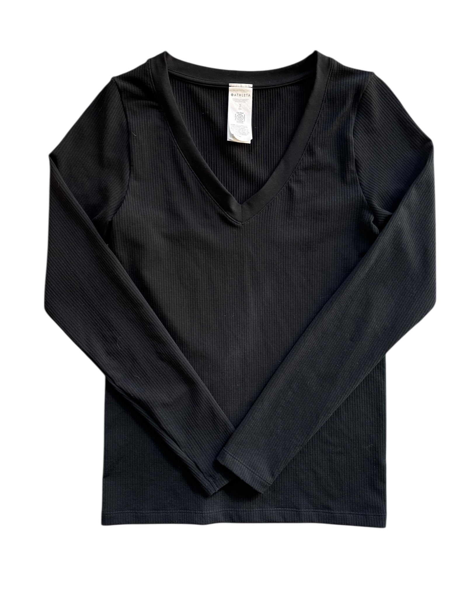 black athleta ribbed v neck ls, s