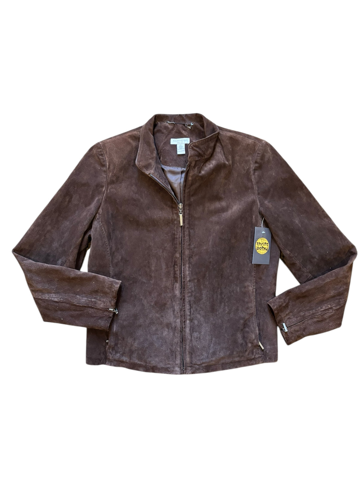 brown charter club suede zip up, m