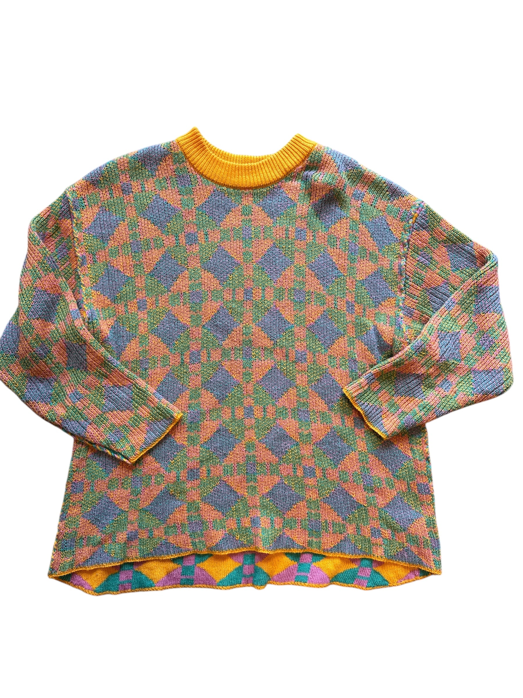 orange green pink free people patterned knit sweater, s