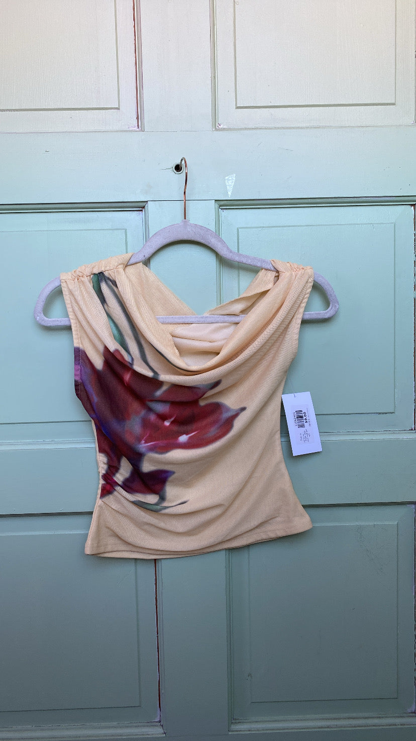 yellow red purple green  mesh cowl neck cool asf top, s