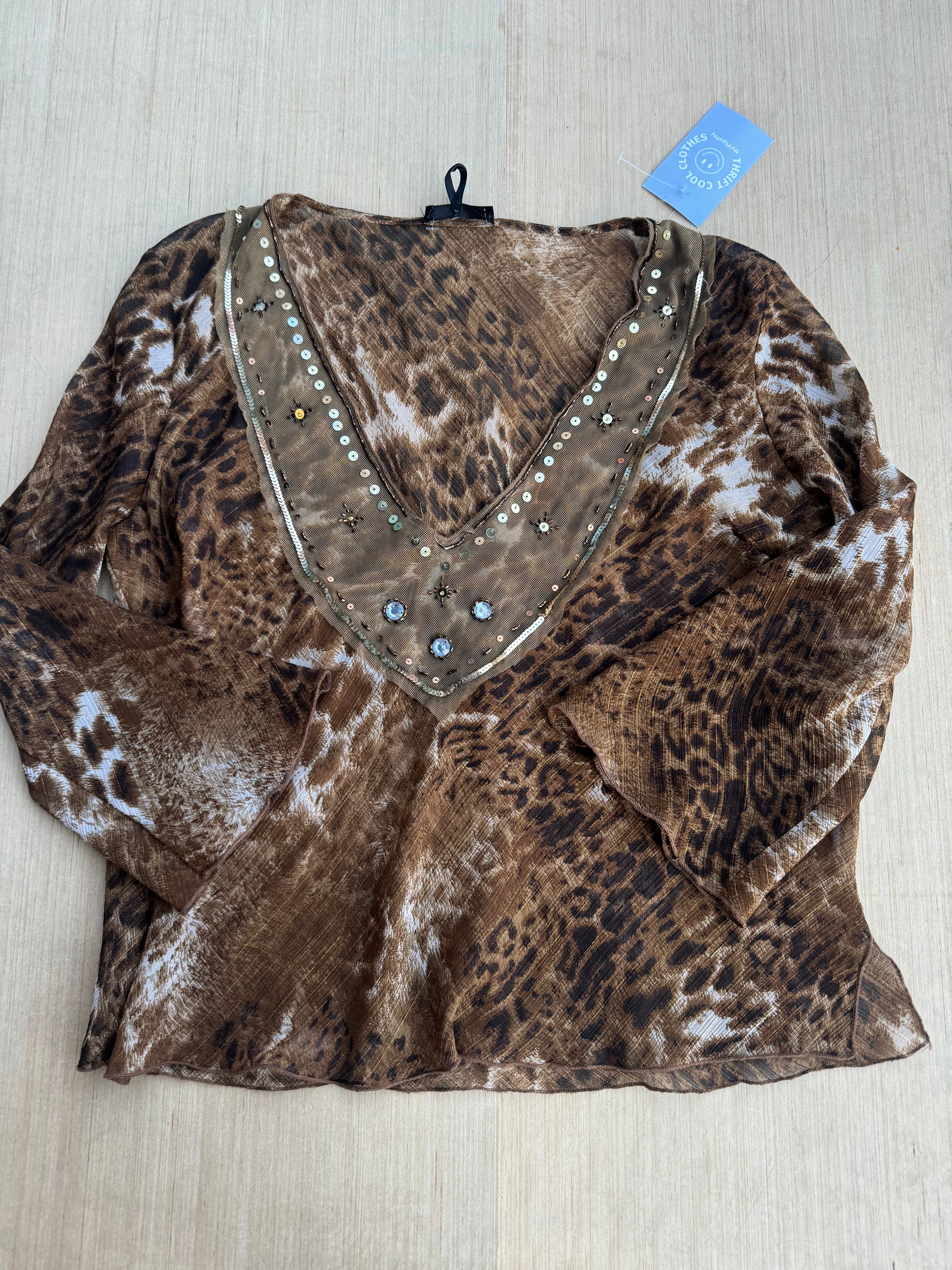 brown daisy fuentes sheer cheetah blouse, L
