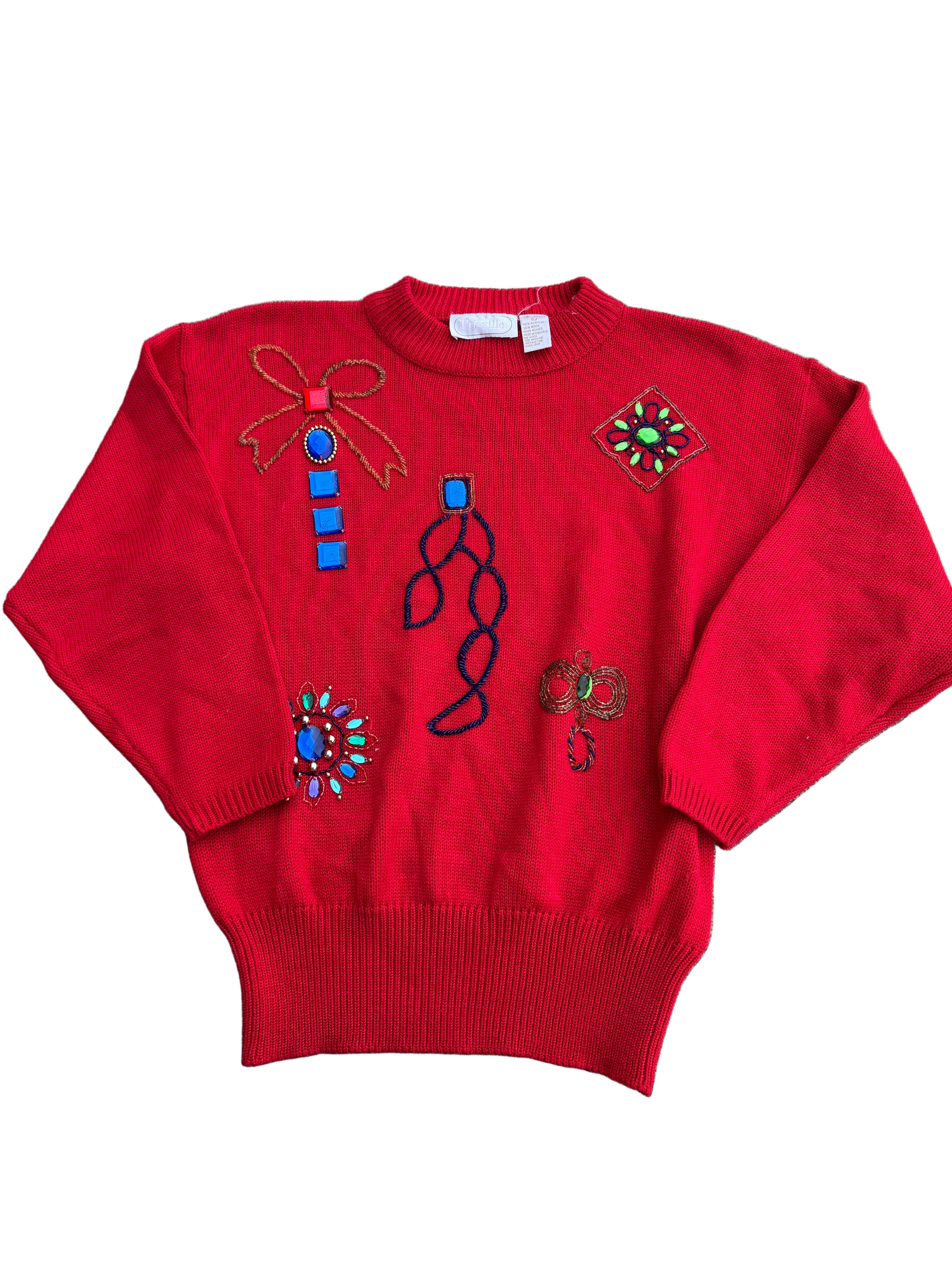 red priscilla vtg bow bejeweled sweater, L