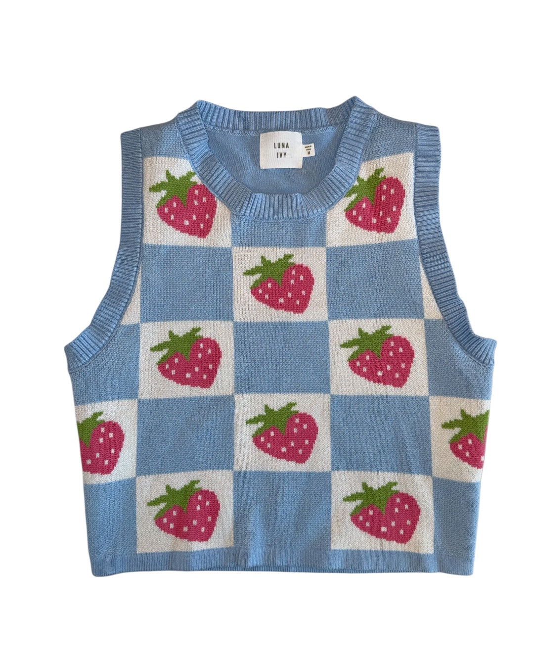 blue pink luna ivy checkerboard strawberry vest, M