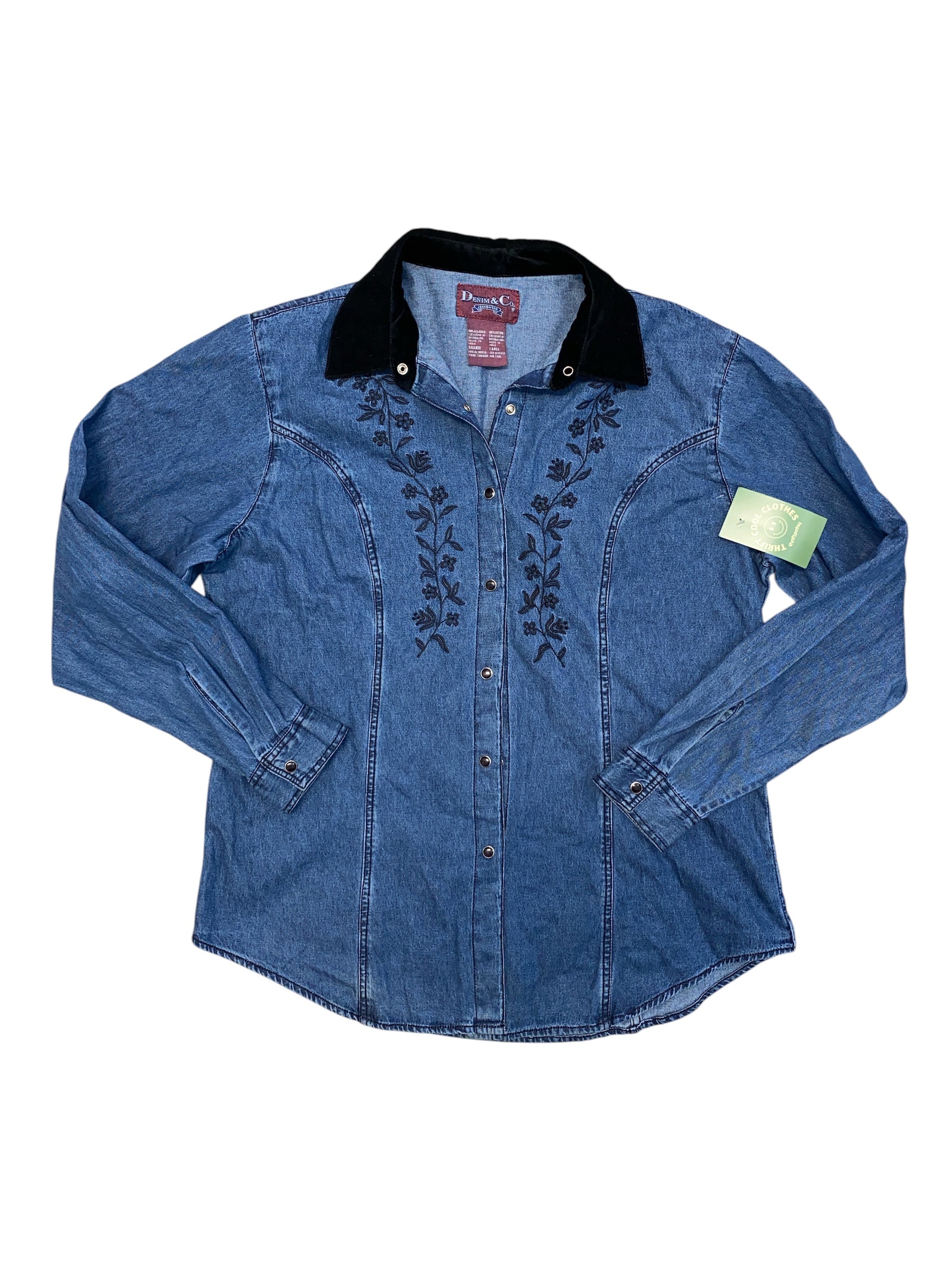 blue black denim & co velvet collar denim top, L