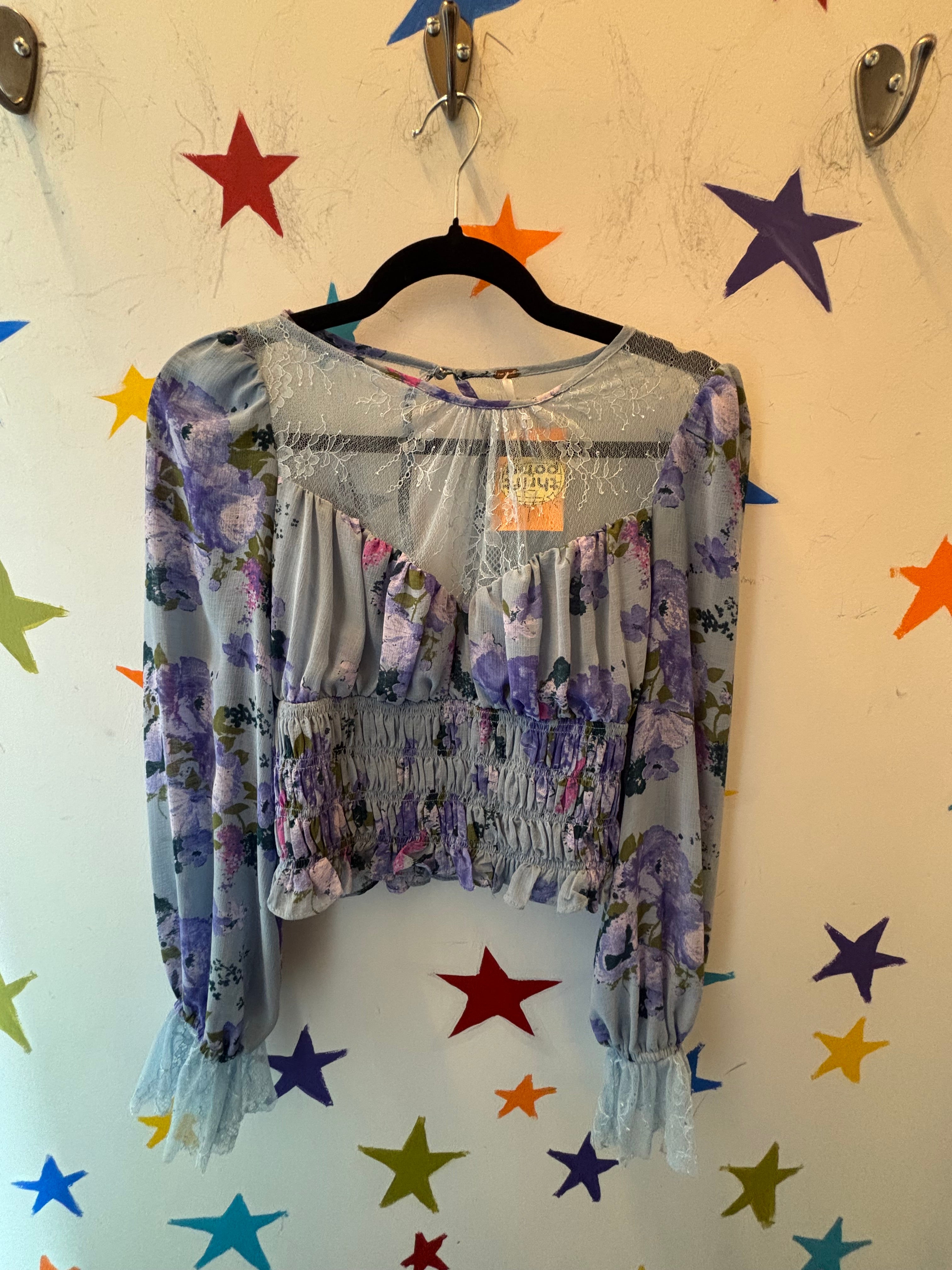 blue free people floral bustier top w lace, xs