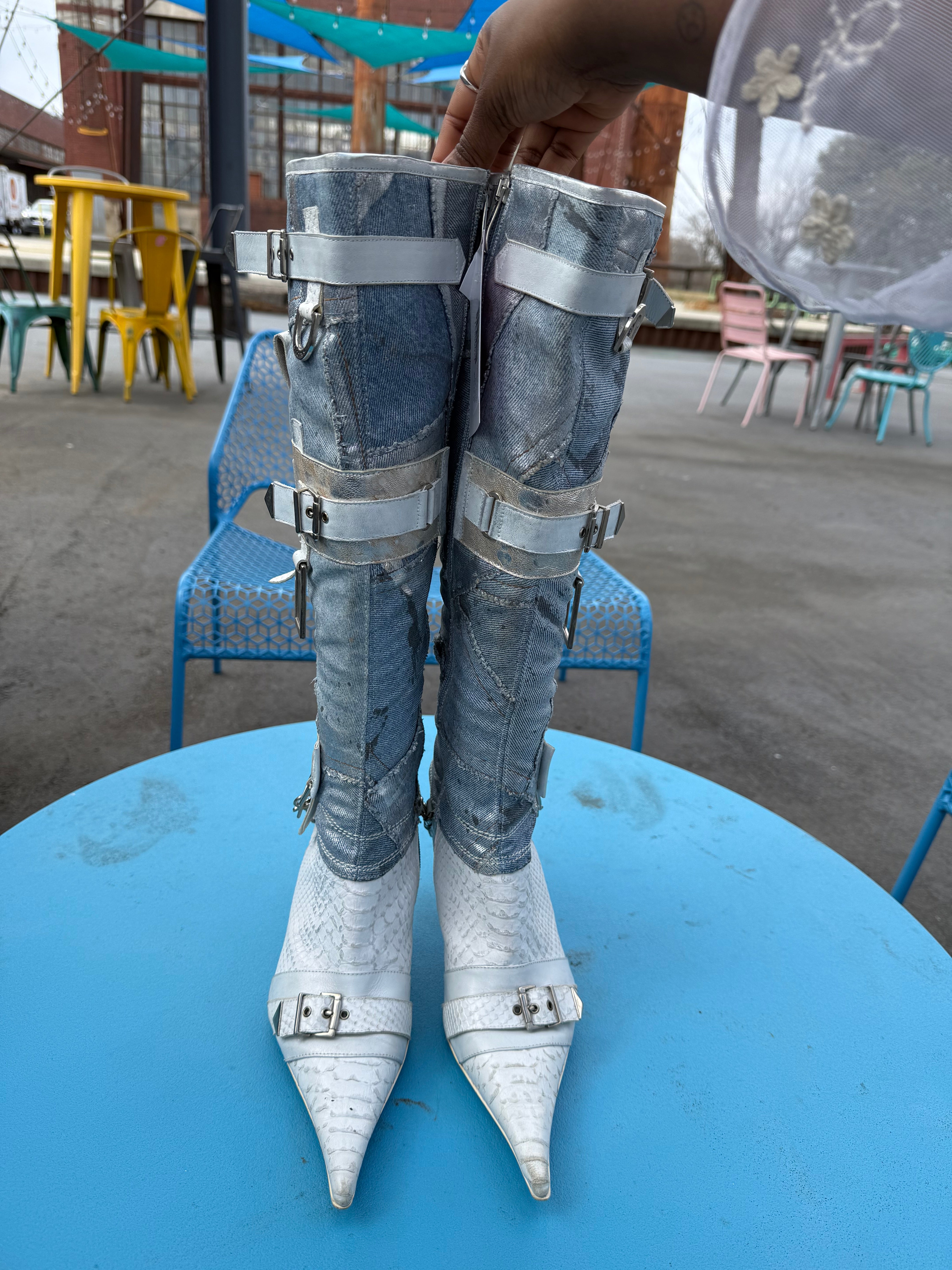 white blue el dantee denim stilleto buckle heels, 40 (fits like 8.5)