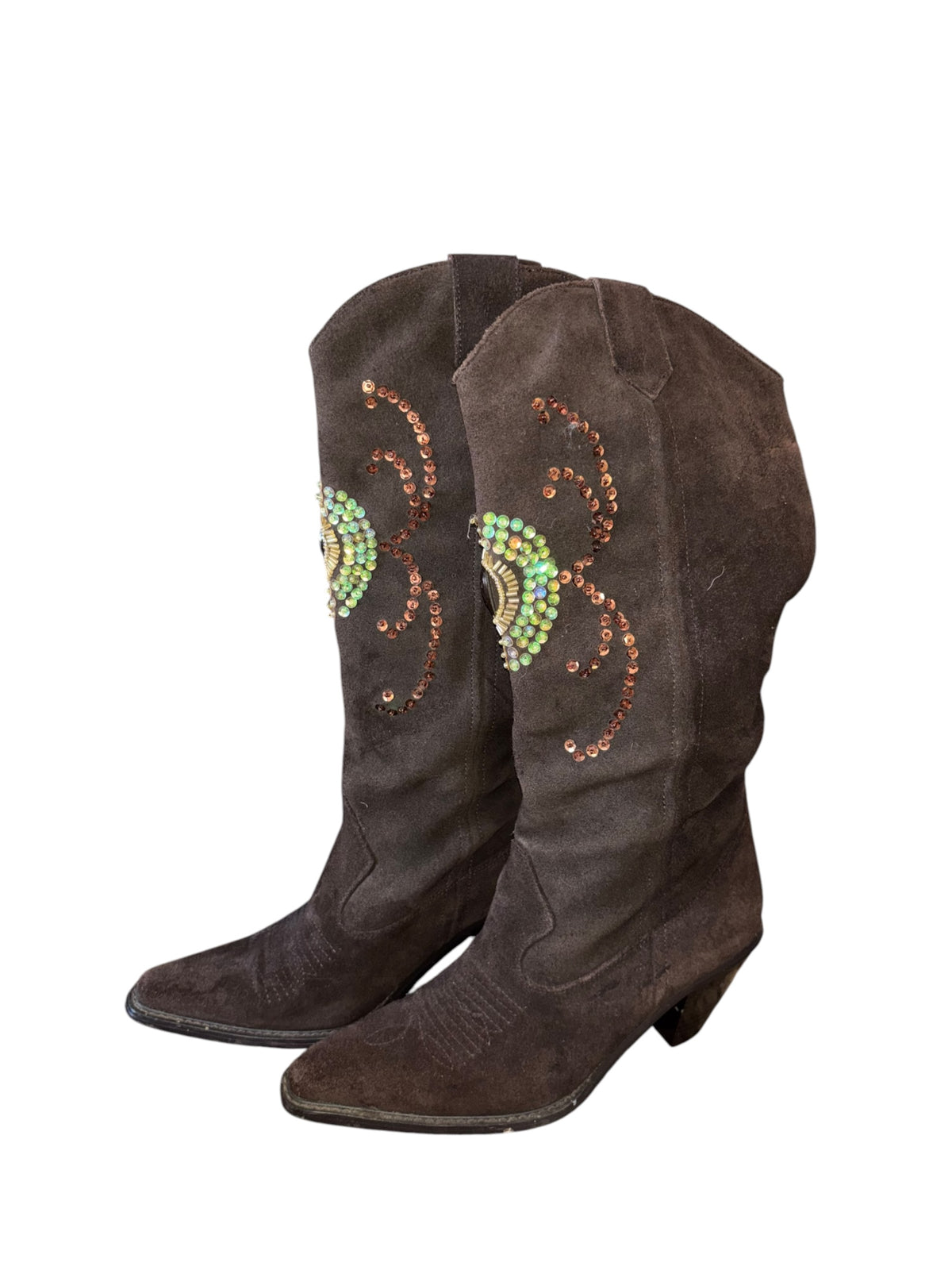 brown multi colin stuart sequin faux suede cowgirl boots, 6 1/5