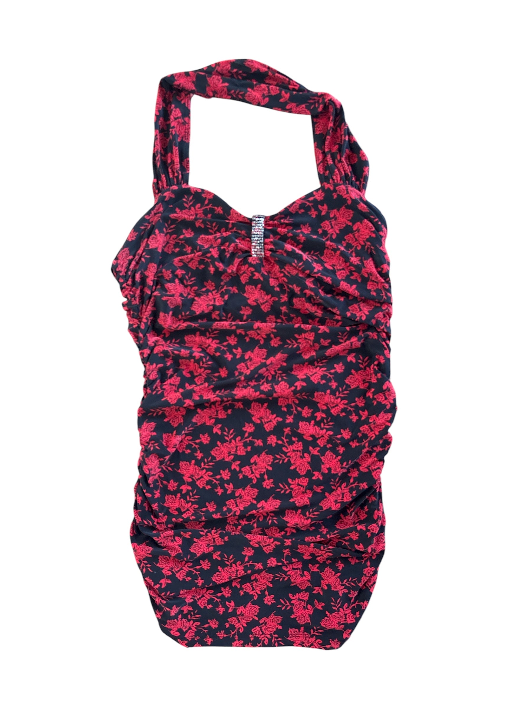 red/black Express floral print halter dress, M