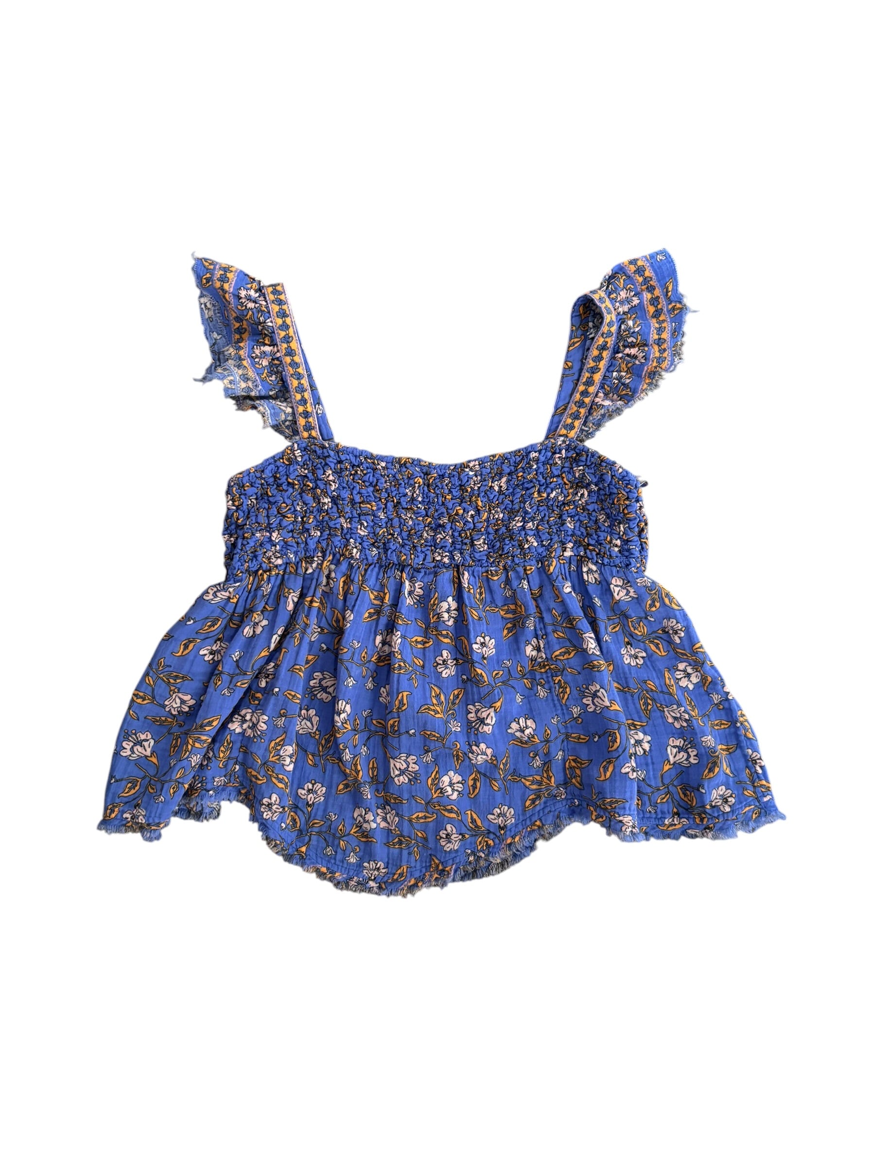blue orange free people floral ruffle tank, L