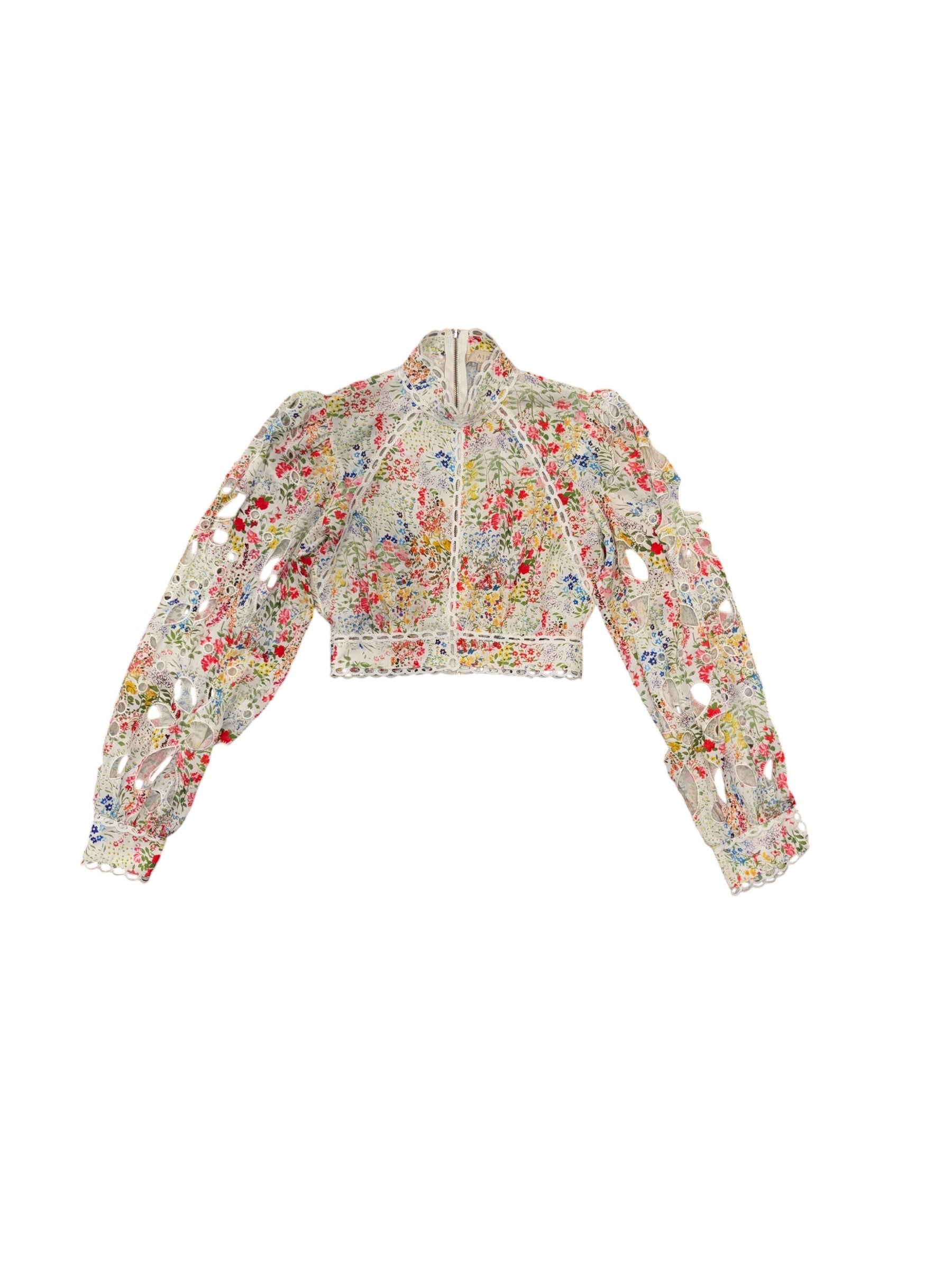 White blue yellow pink Aisa Floral eyelet puff sleeve blouse, Eu 34