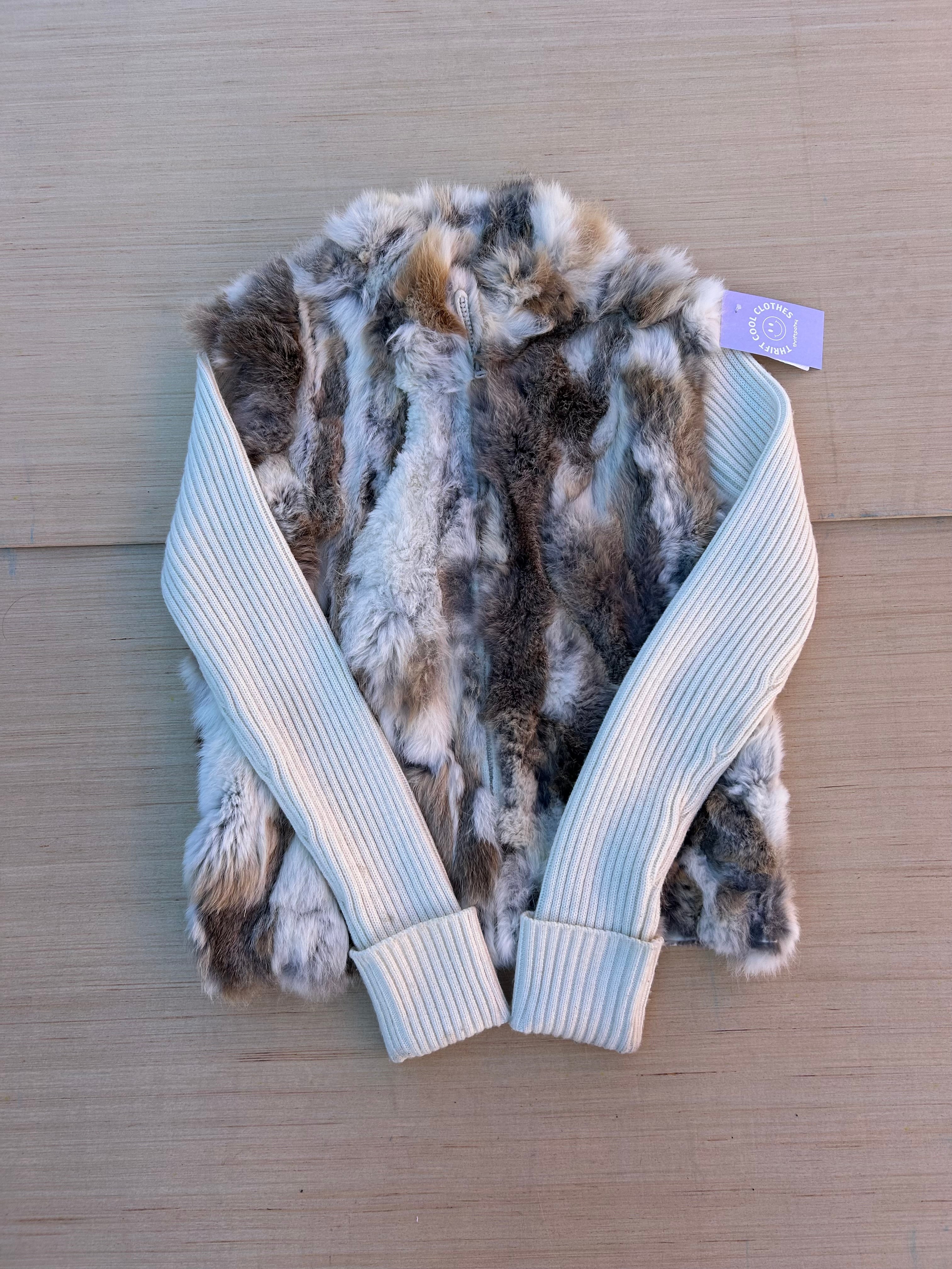 cream brown frost genuine rabbit fur vest ribbed sweater, L