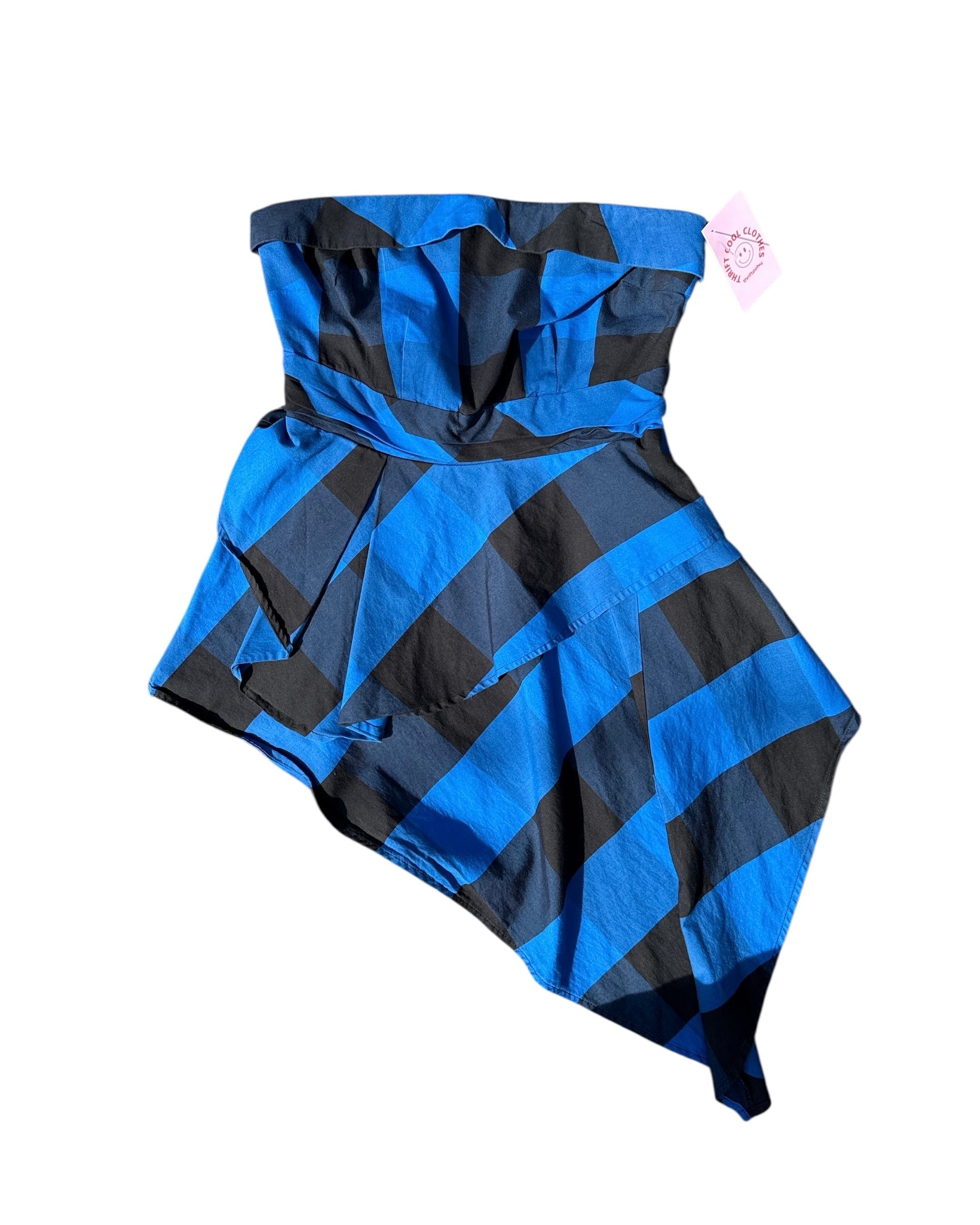 blue black 7th avenue asymmetrical plaid strapless dress, XS