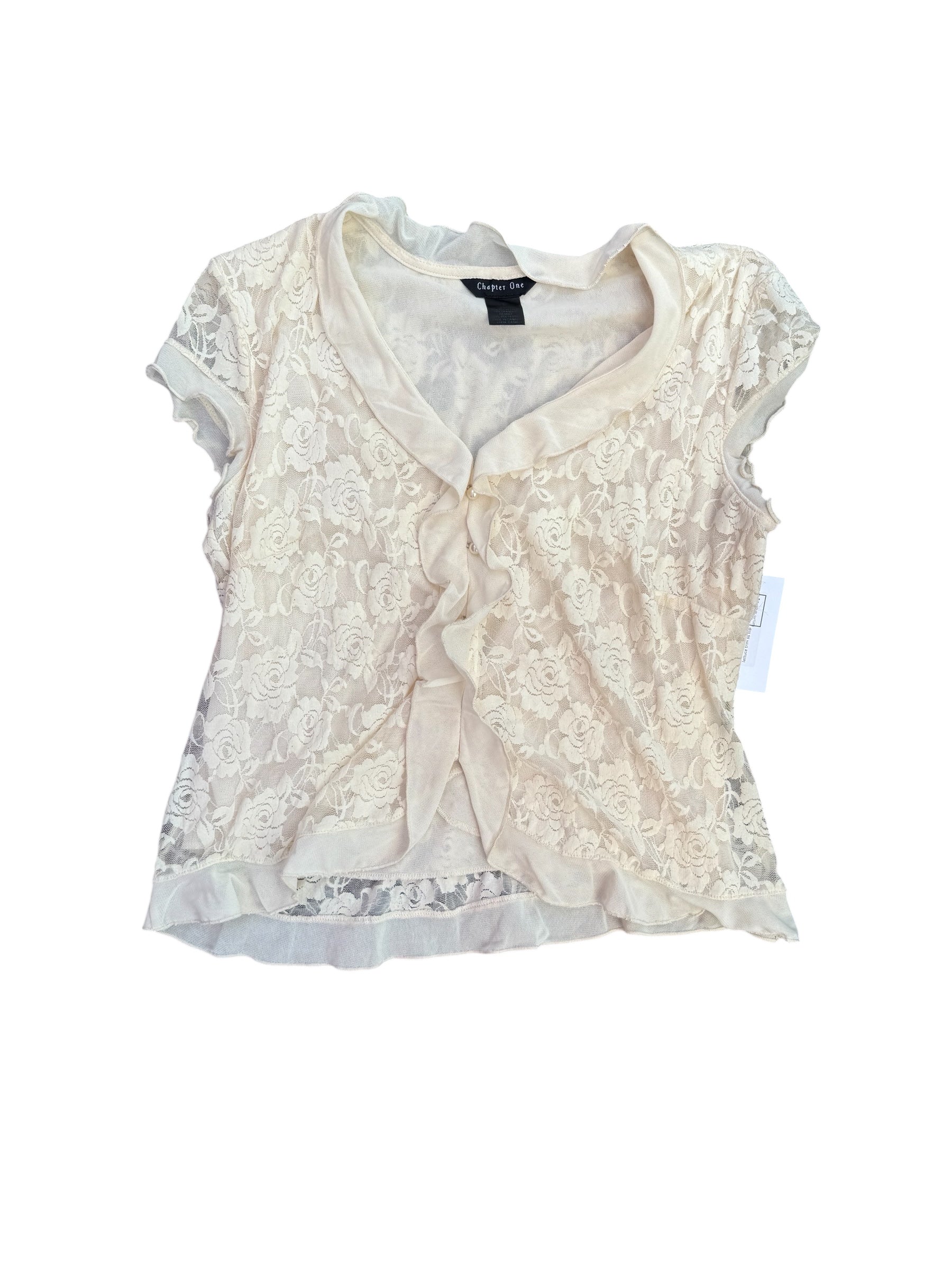 Cream Chapter one Floral lace v neck lettuce trim ss top, L
