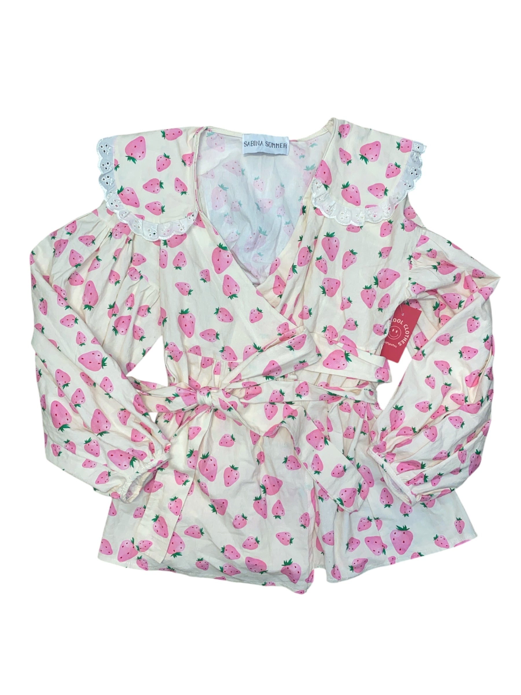 pink green white sabrina sommer strawberry tie ls collared top, s