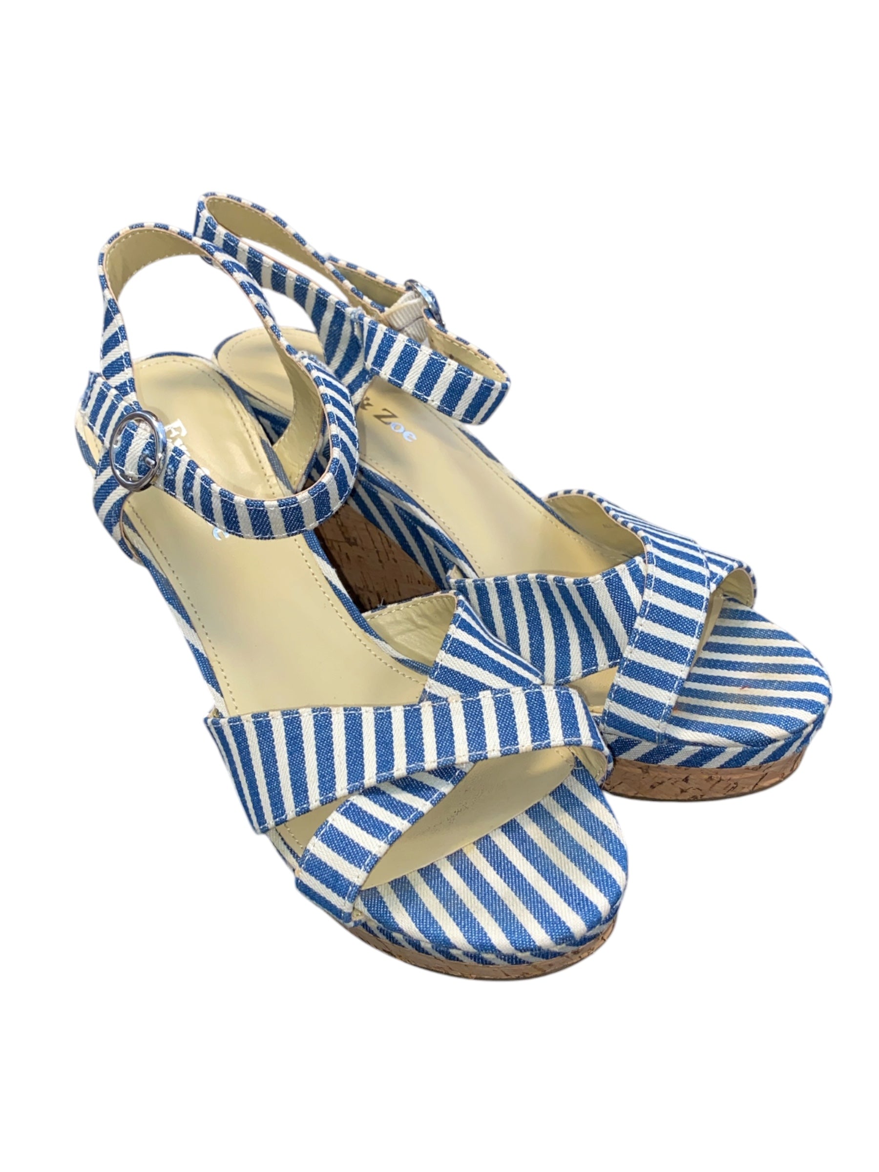 blue white eva & zoe striped open toe wedge, 7 1/2