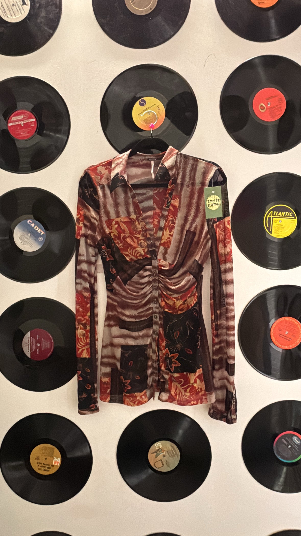 red multi free people sheer patterned ls, m