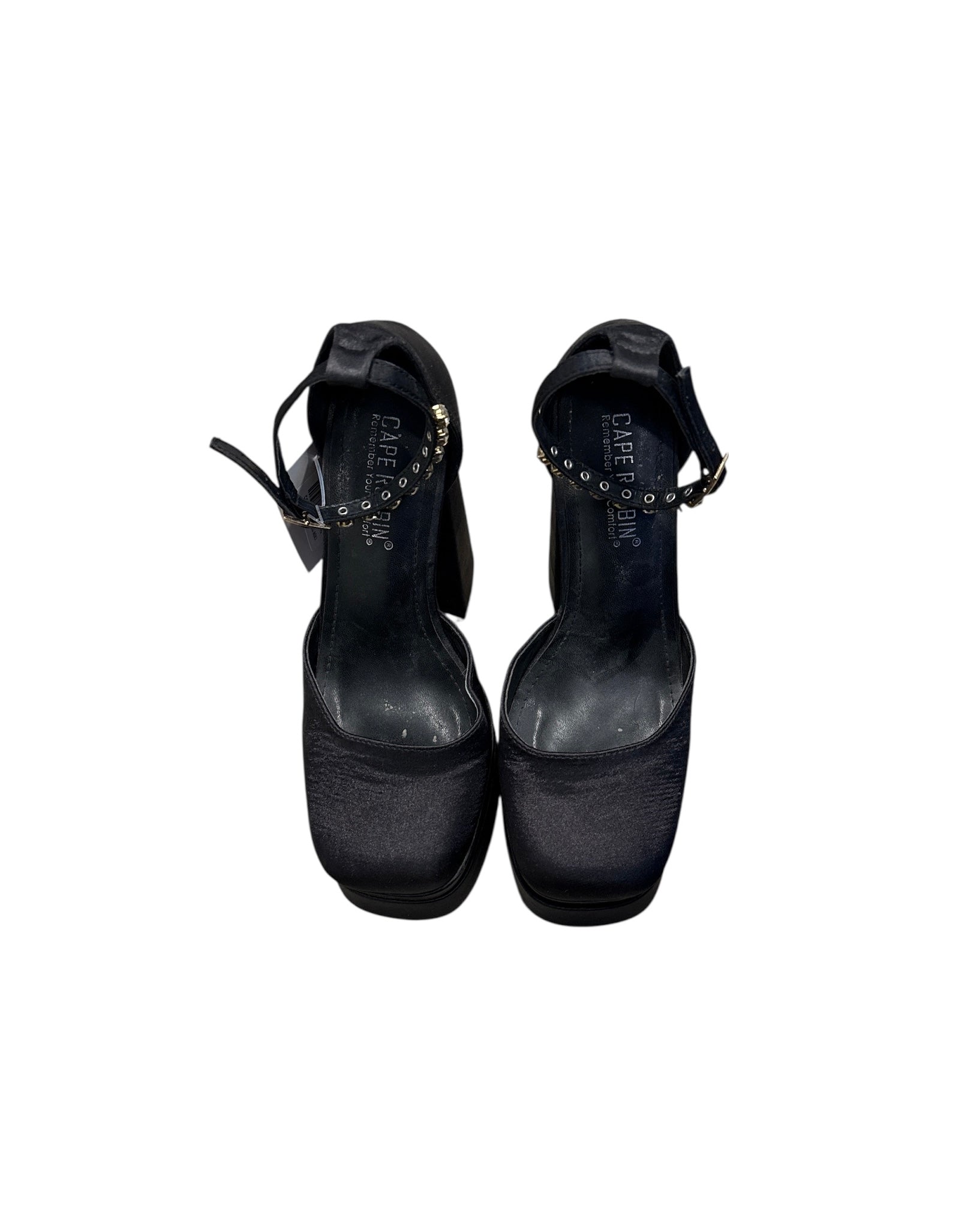 black cape robbin platform satin heels w rhinestone, 6