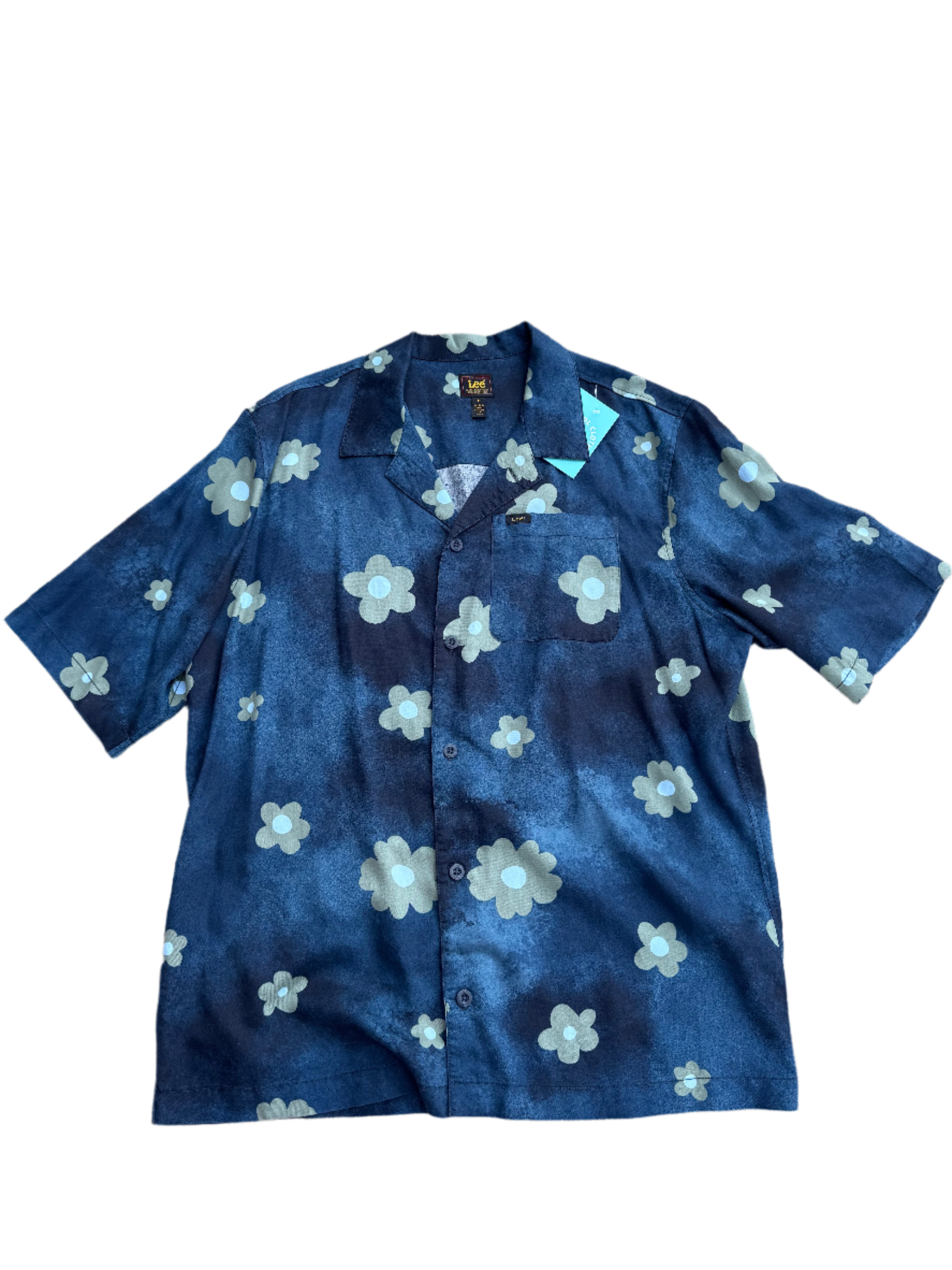 blue lee flower ss button down, m