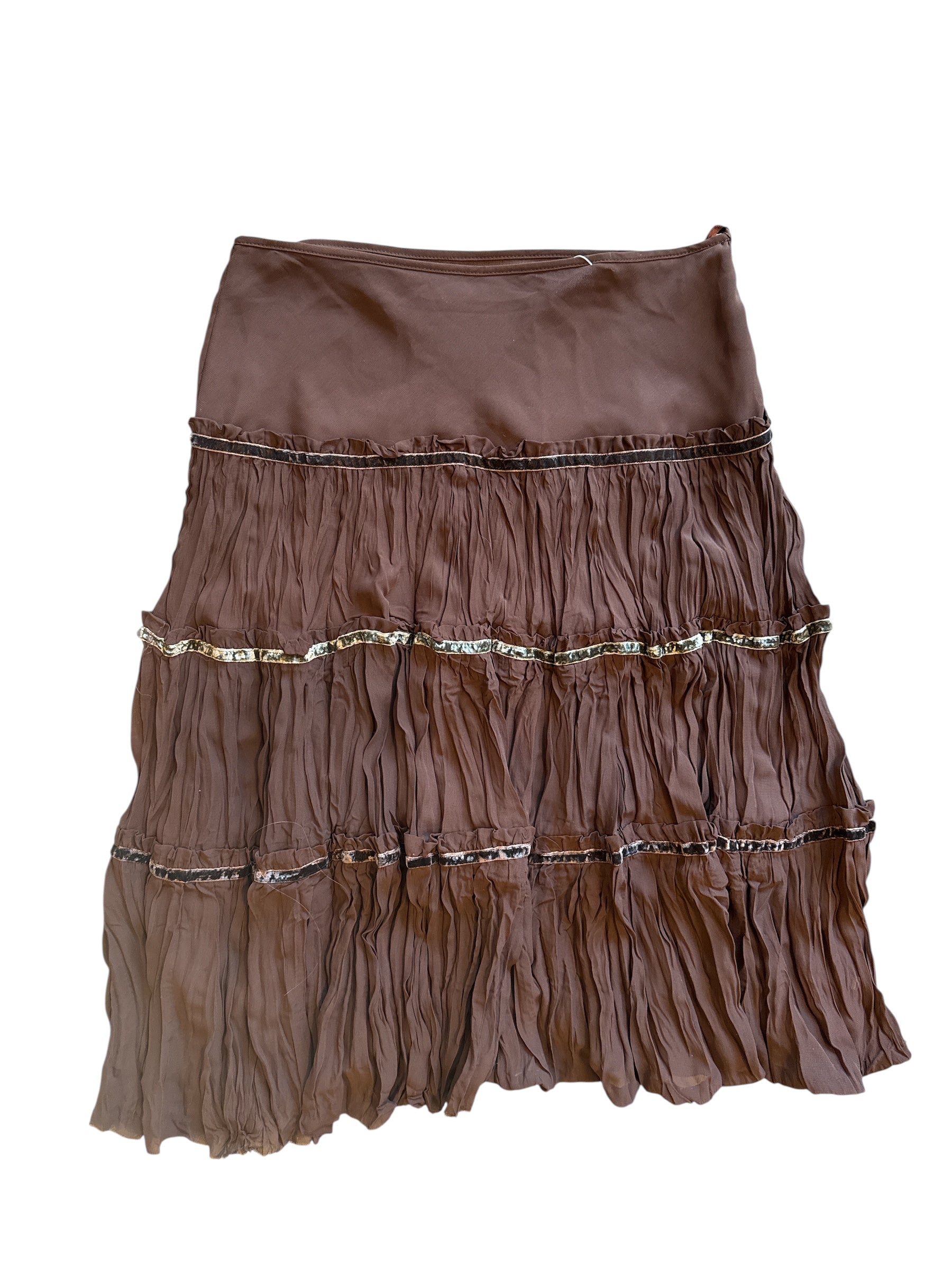 brown wet seal smocked skirt w velour detaiuls, m