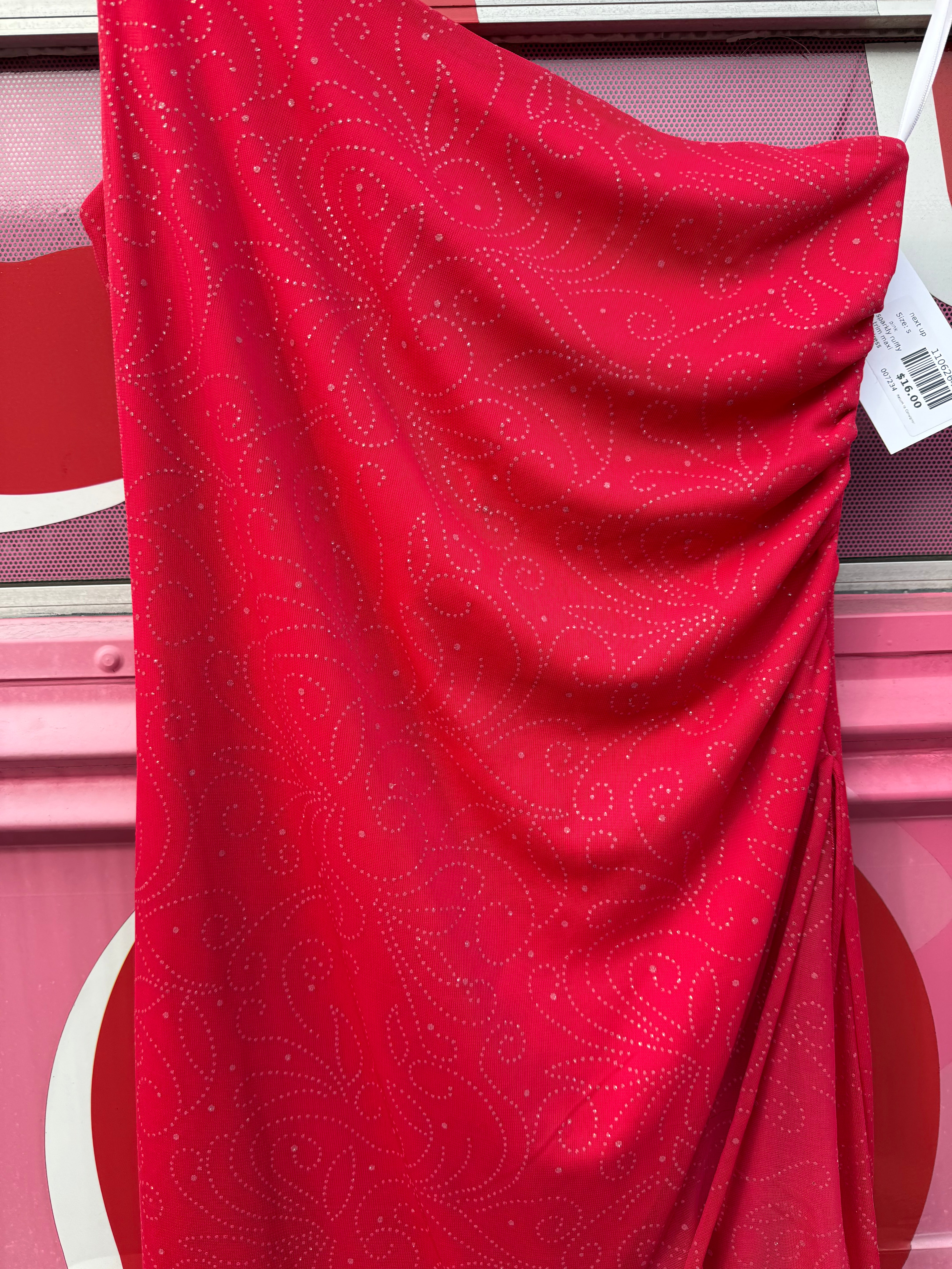 pink next up sparkly ruffly trim maxi dress, s