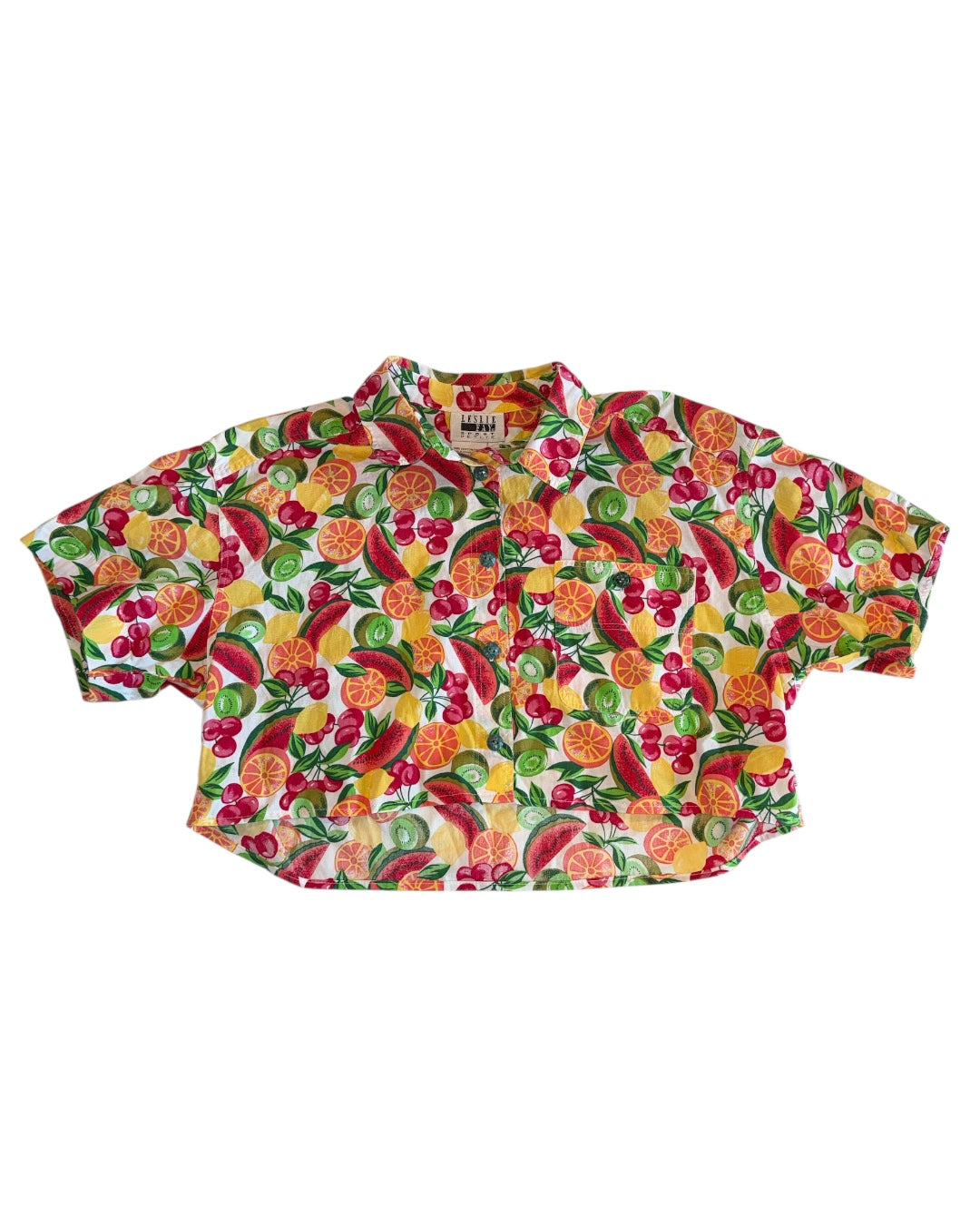 pink green leslie fay vtg cropped fruit button up, S