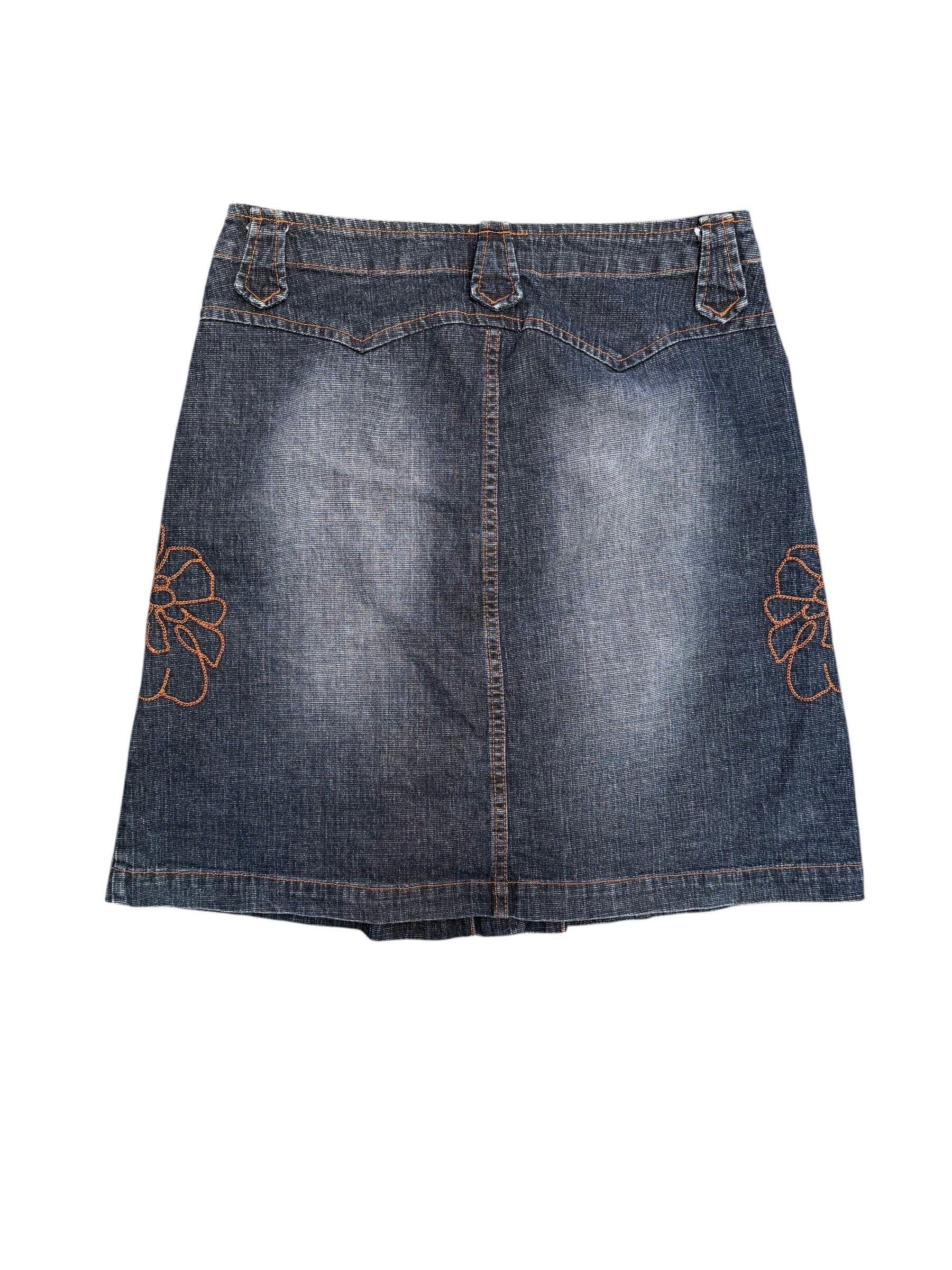dark wash brown copper key denim floral midi skirt, s