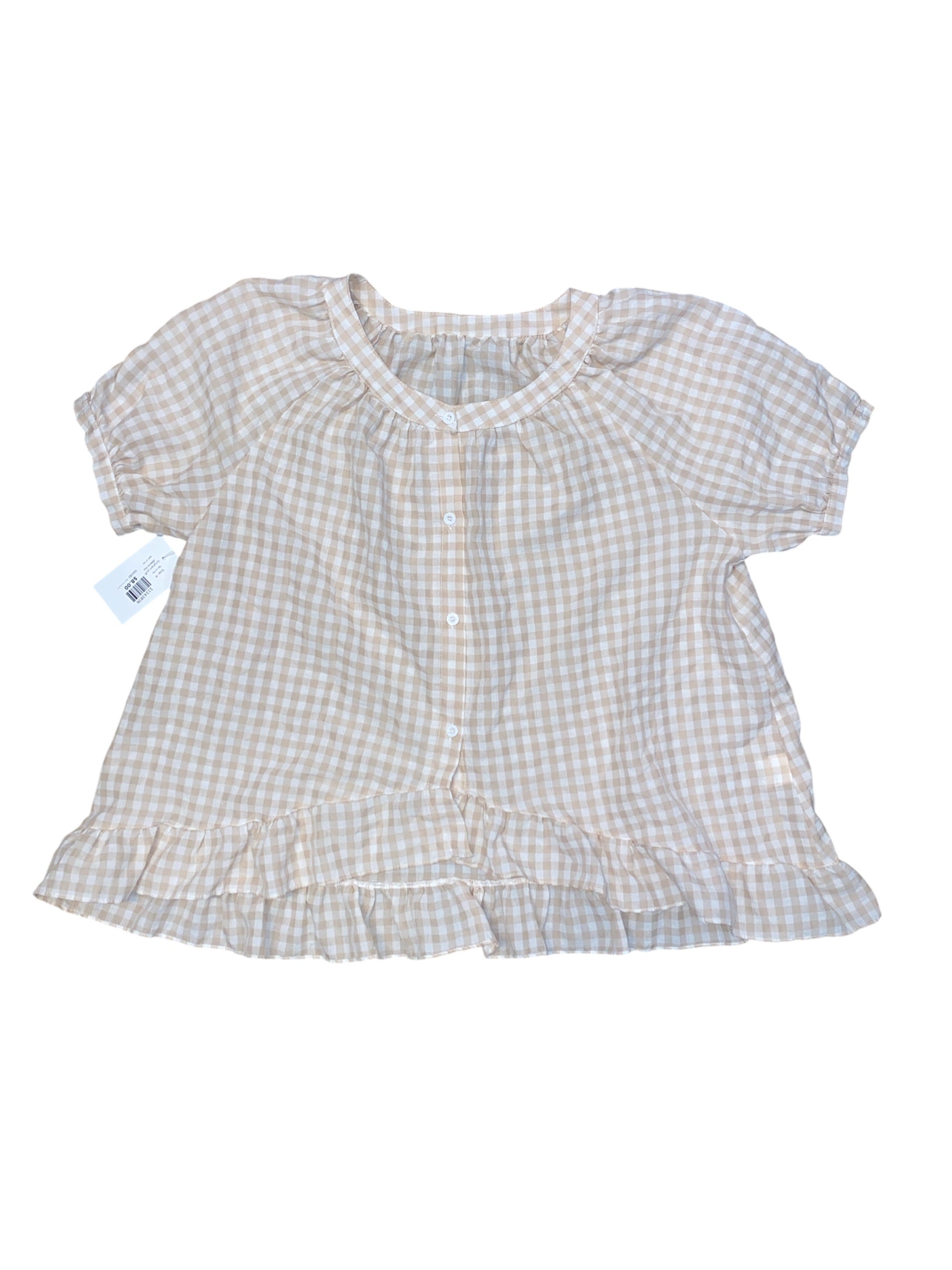 Tan white  Gingham puff sleeve top, M