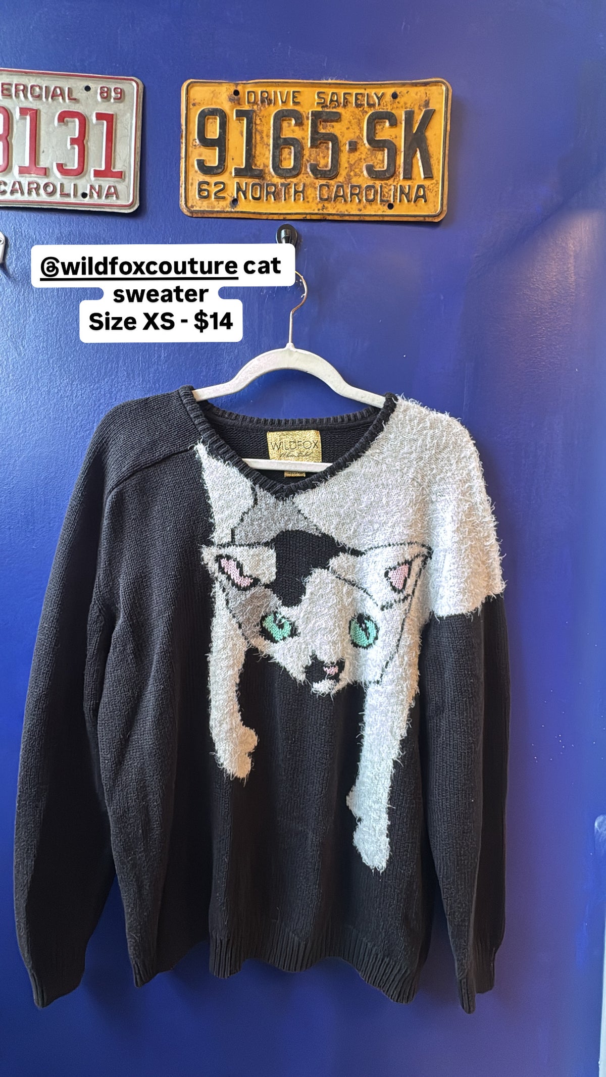 black white wildfox kewl cat sweater, xs