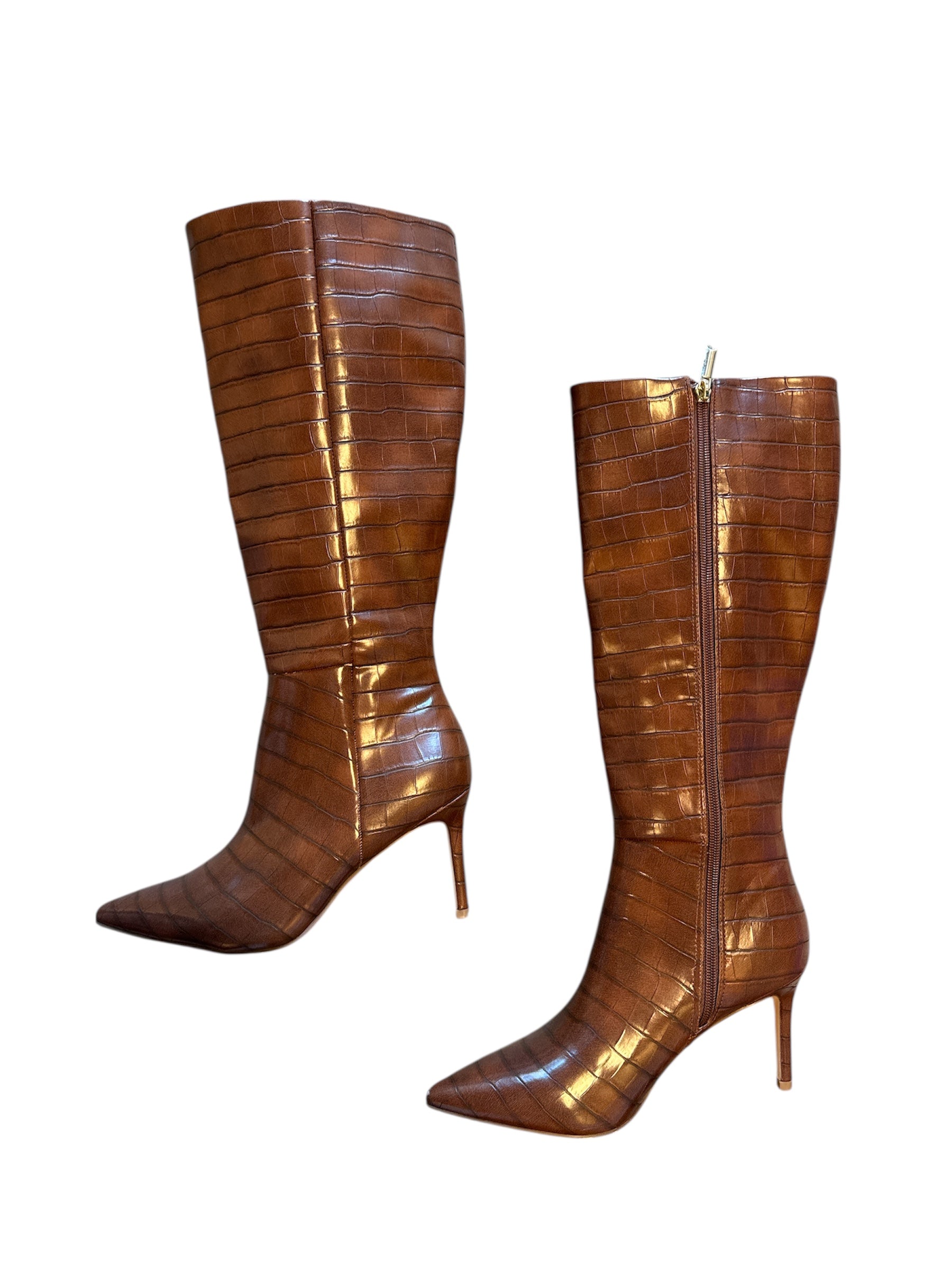 Brown  Pleather animal print knee high heels, 7.5