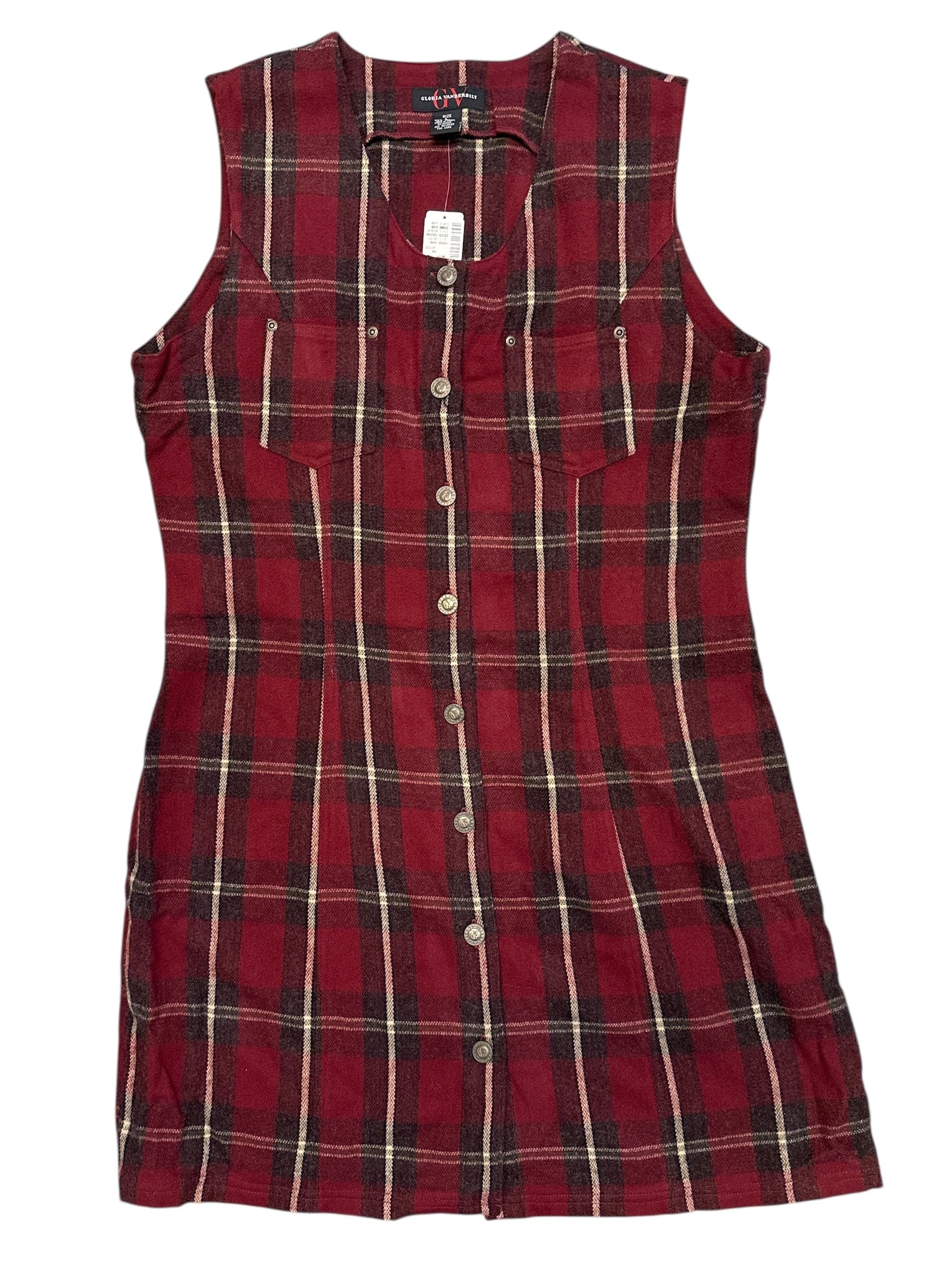 Maroon white Gloria vanderbilt Plaid button up dress, L