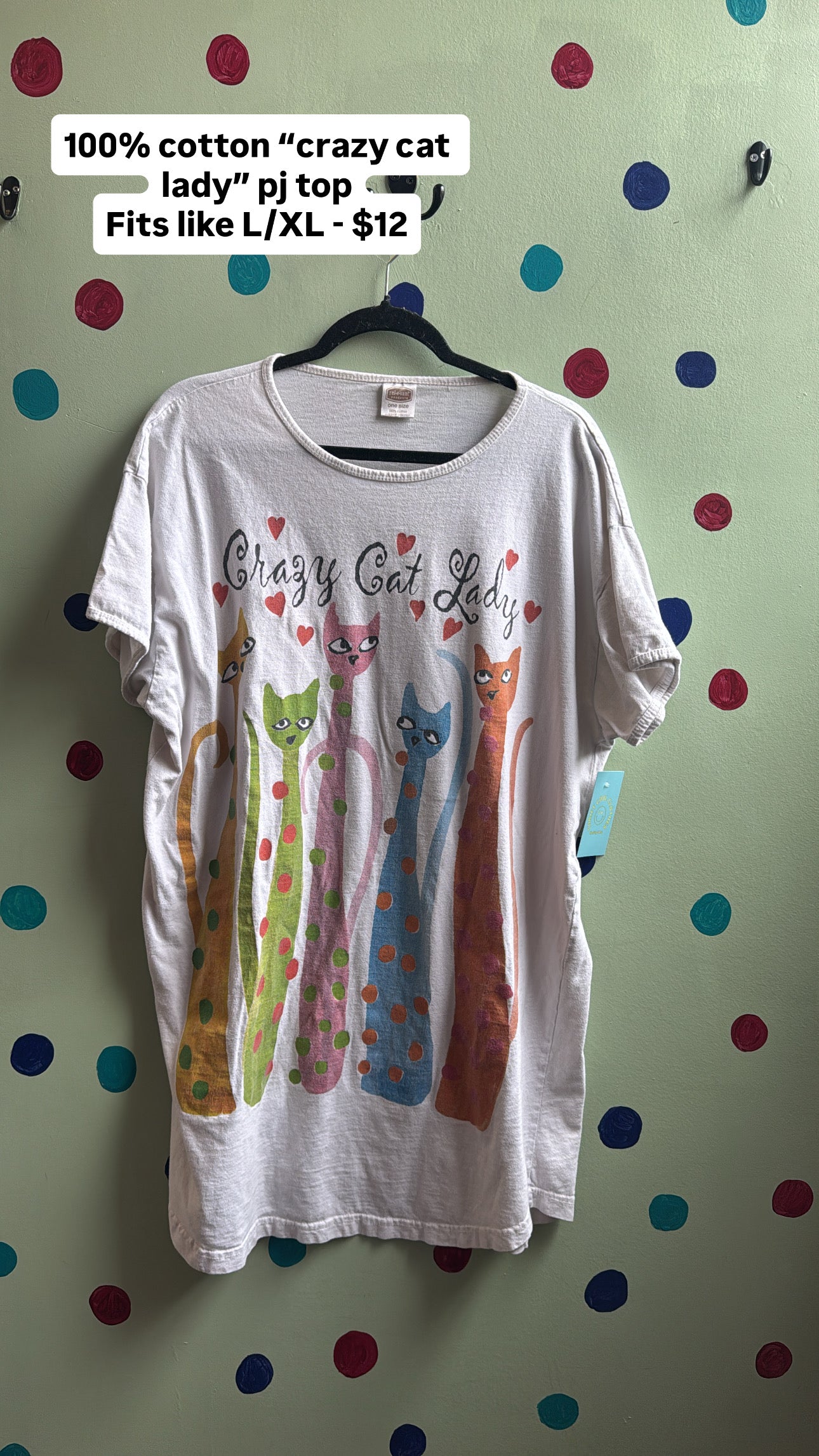 White multi Relevant Crazy cat lady sleep dress, OSFM (fits like L/XL(