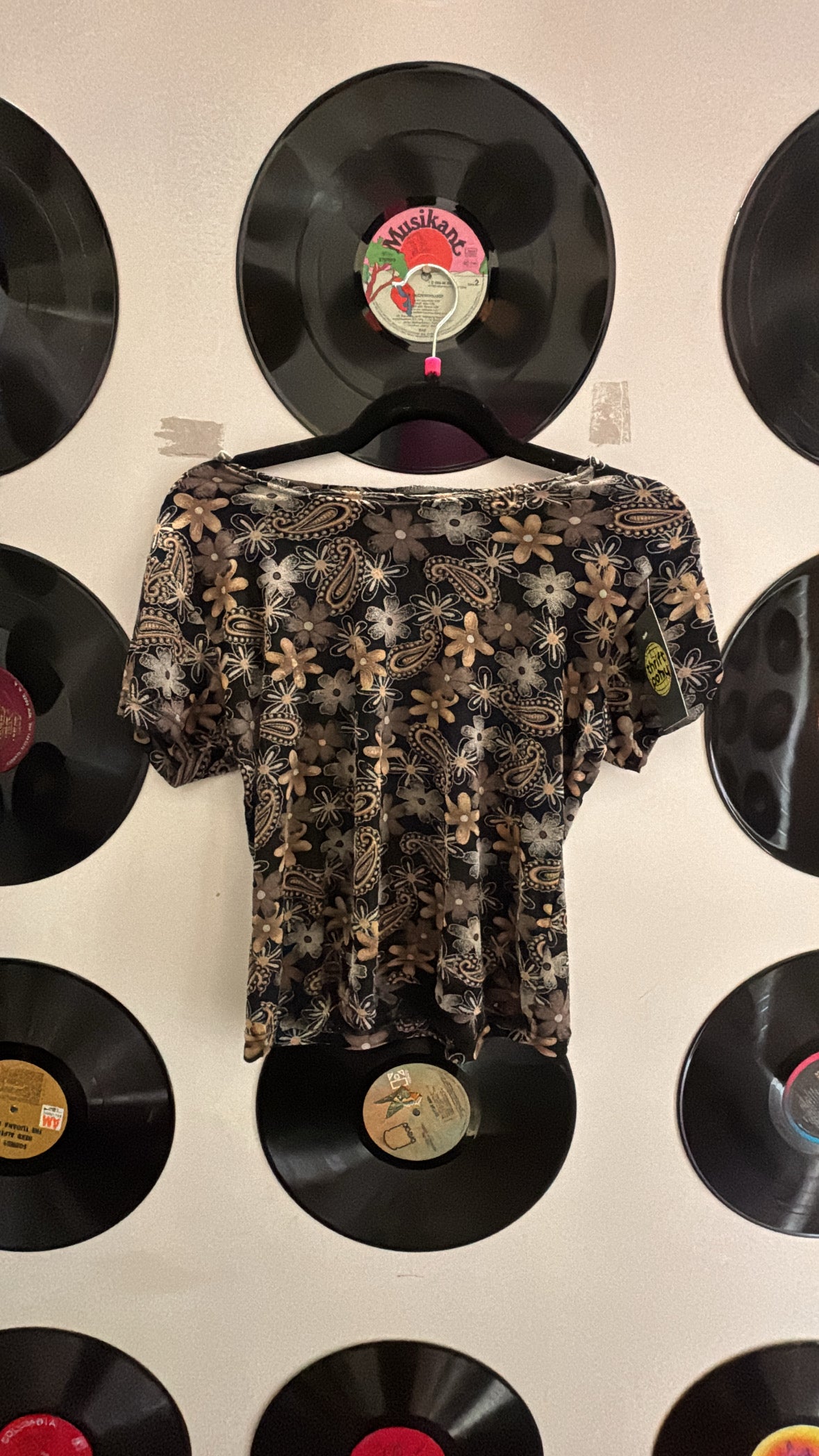 brown black prima classe vtg floral ss sheer top, L
