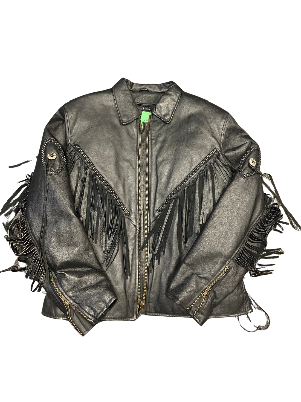 black  vtg leather fringe jacket, L