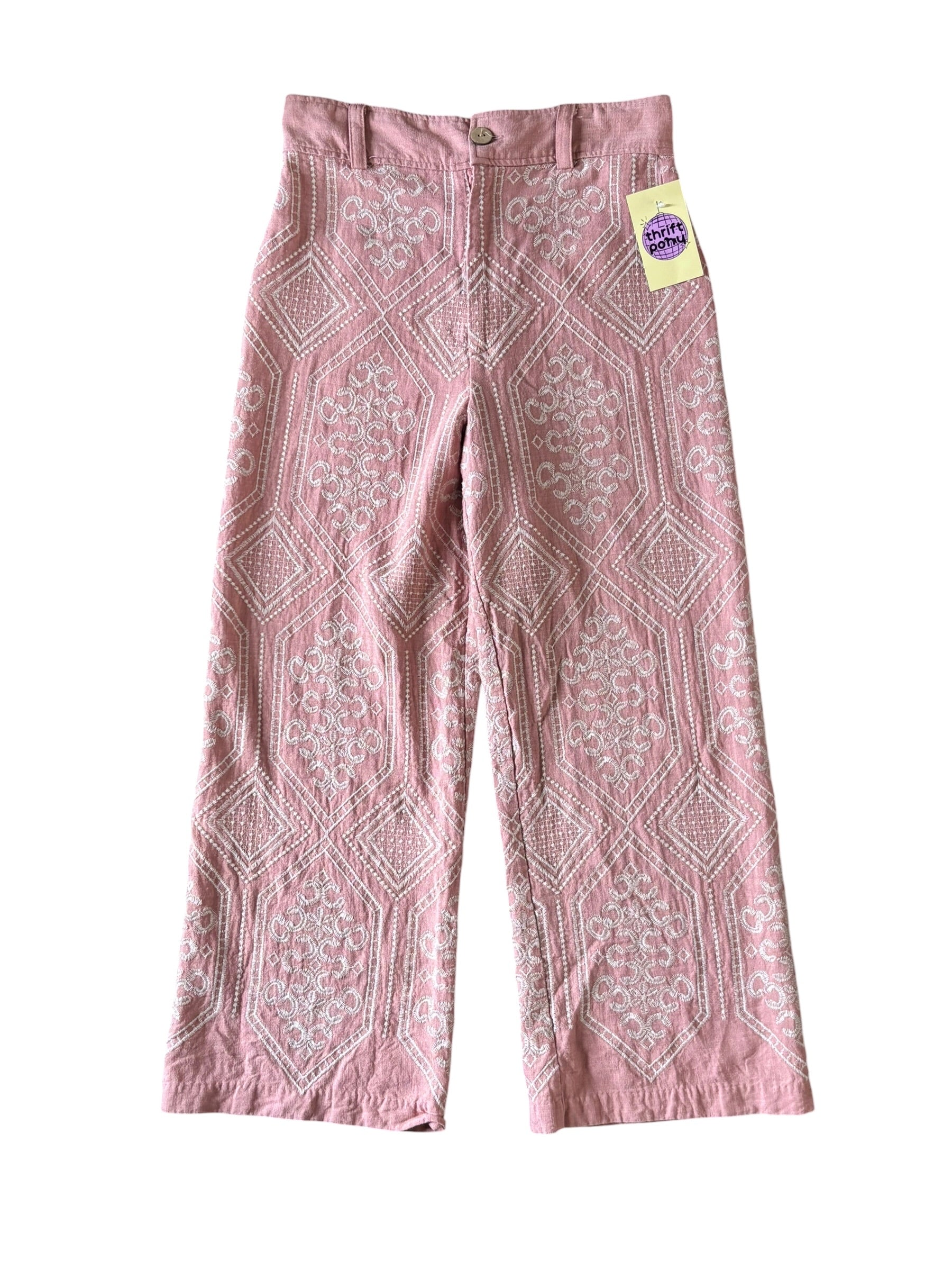pink white joie embroidered linen pant, 6