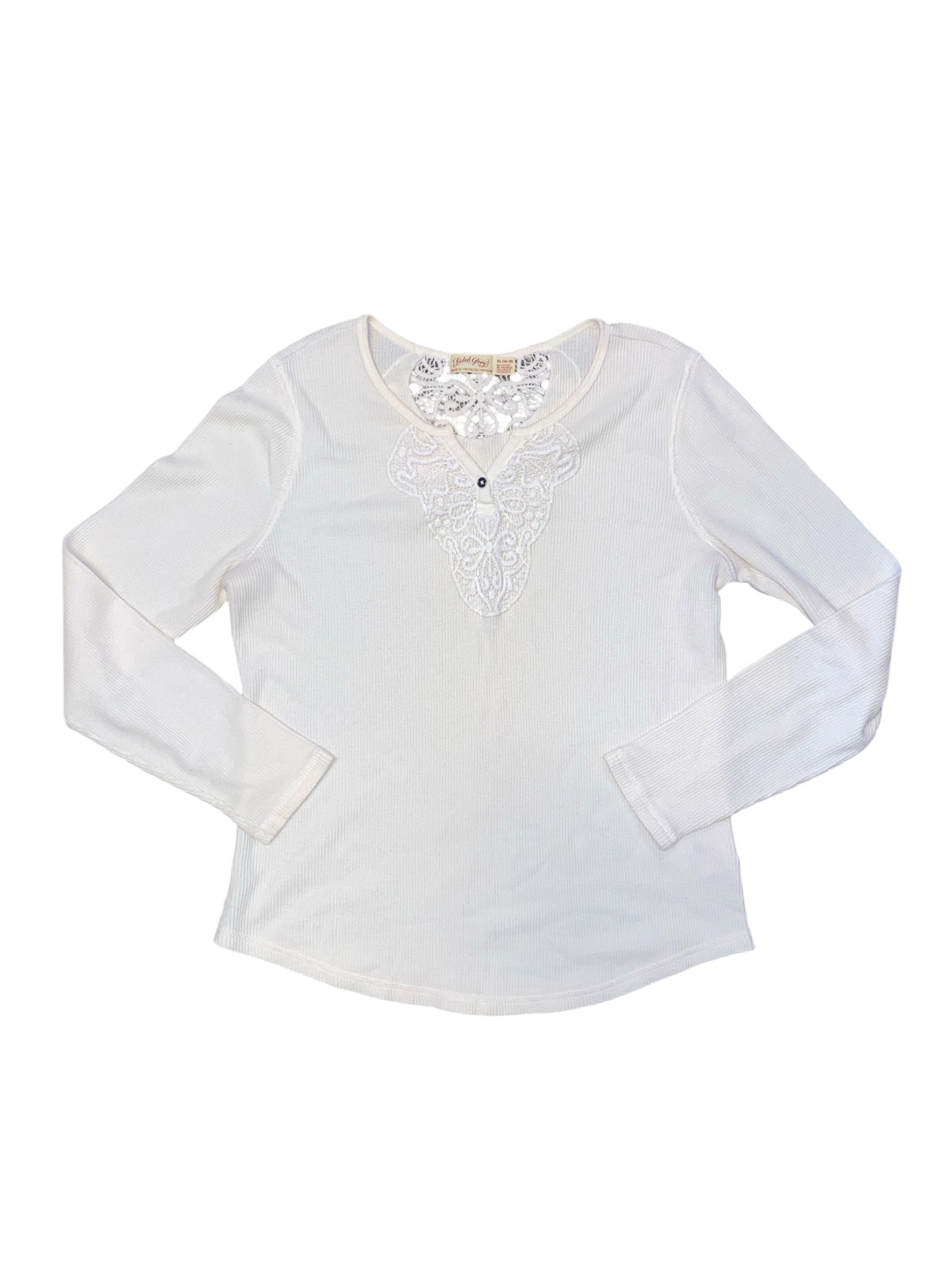 white faded glory eyelet waffle knit ls, xl