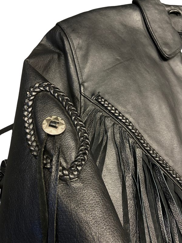 black  vtg leather fringe jacket, L
