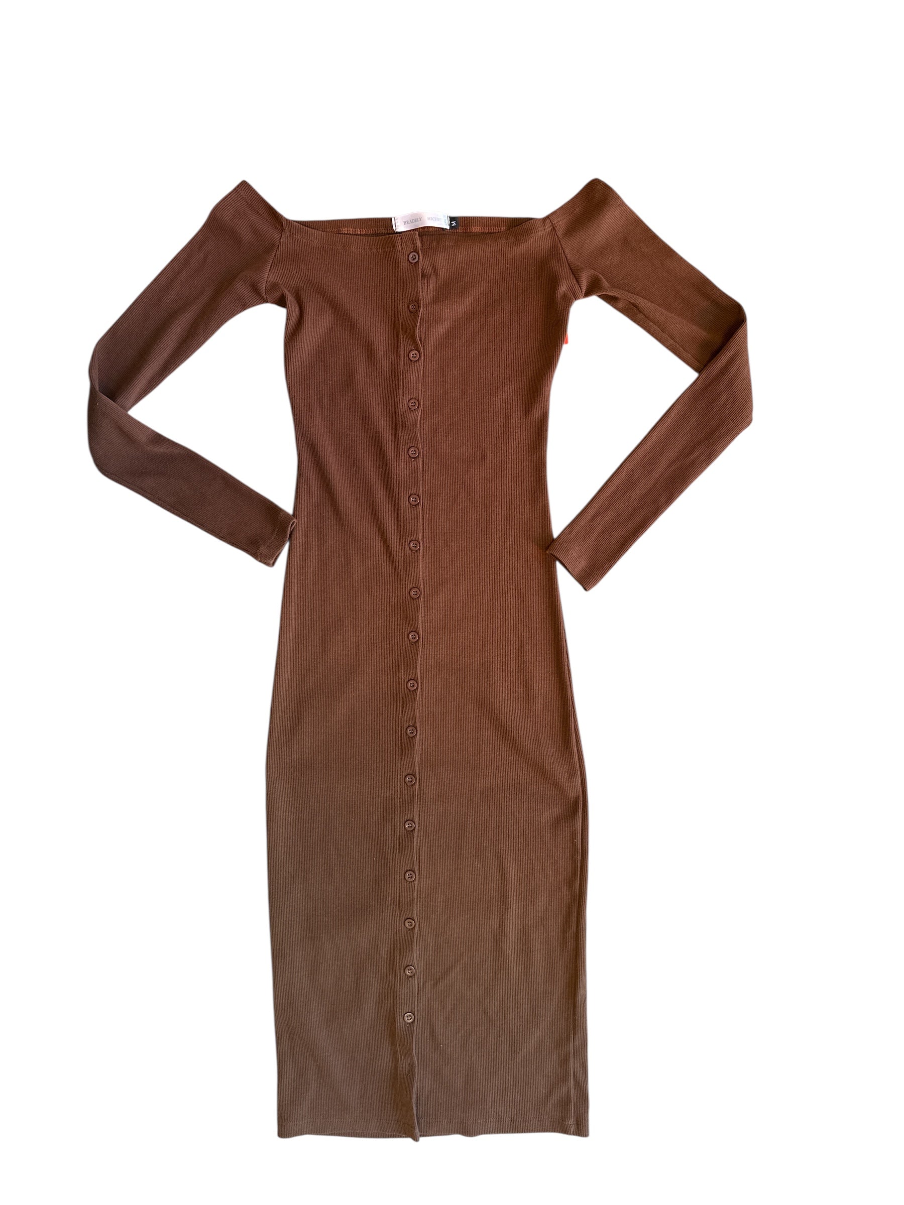 brown bradely michelle ribbed off shoulder dress, m