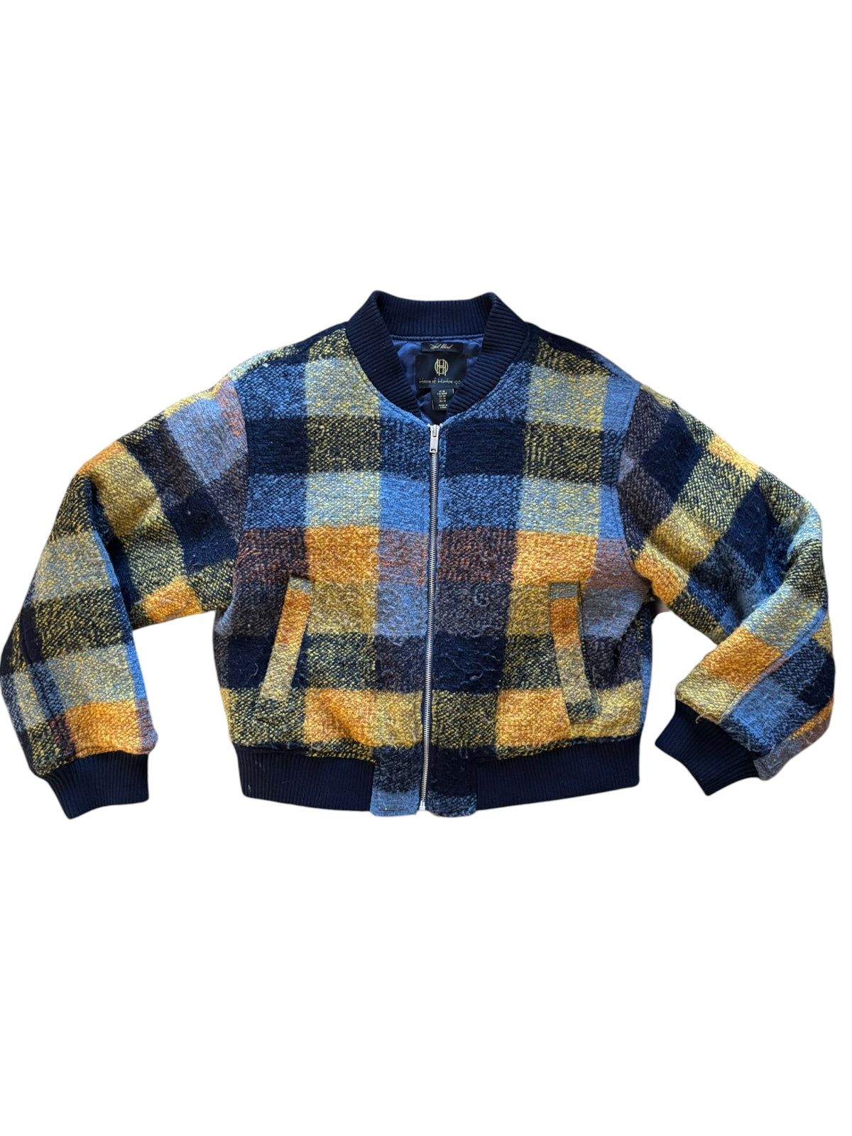 blue yellow house of harlow wool blend checkered jacket, m
