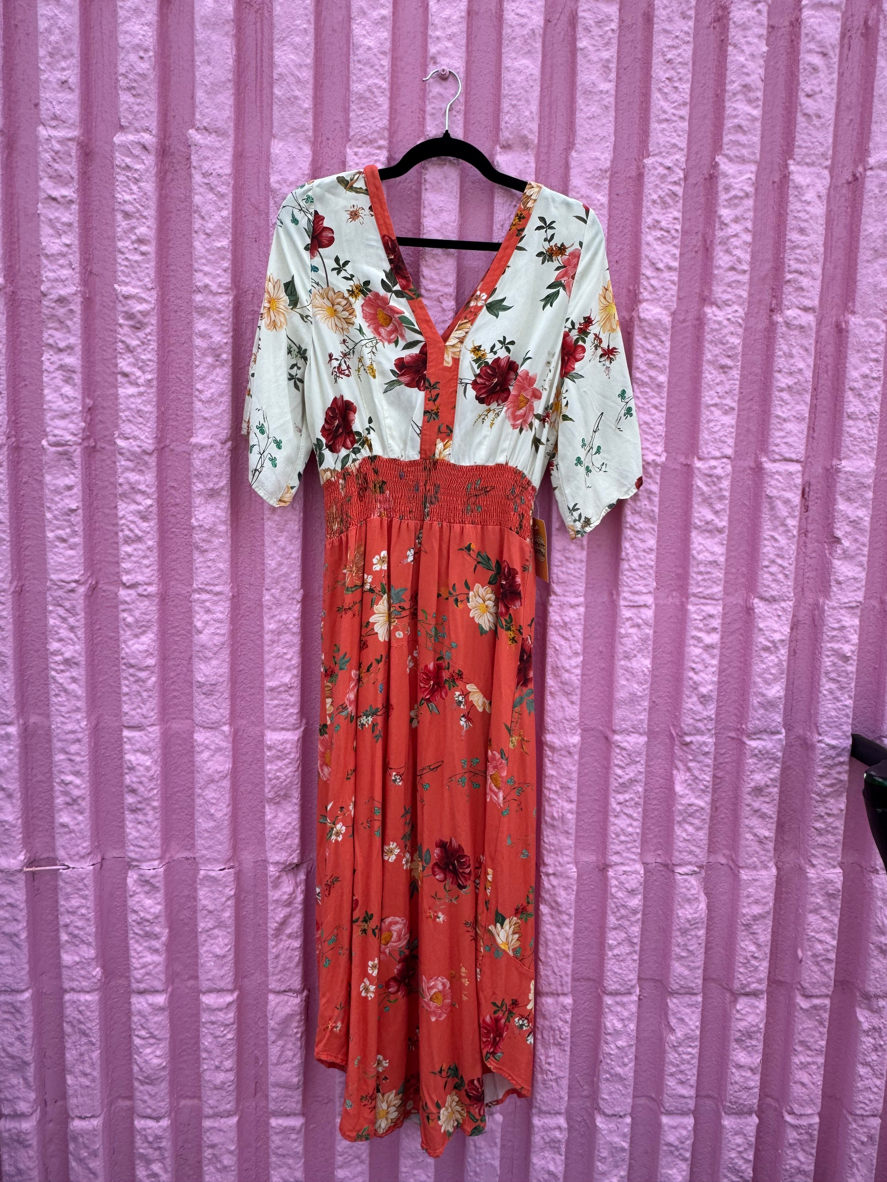 orange cream farm rio flora ss vneck maxi dress, s