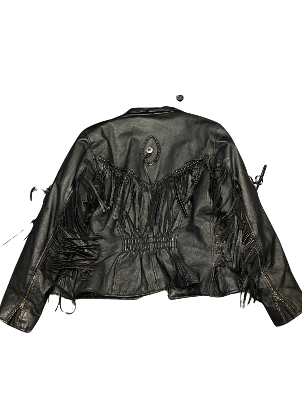 black  vtg leather fringe jacket, L