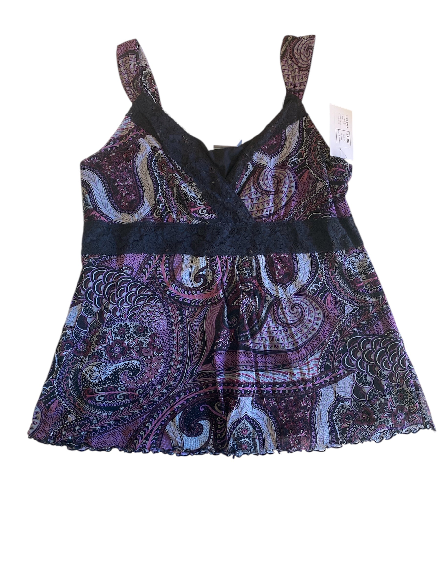purple black apt. 9 paisley lace trim cami top, XL