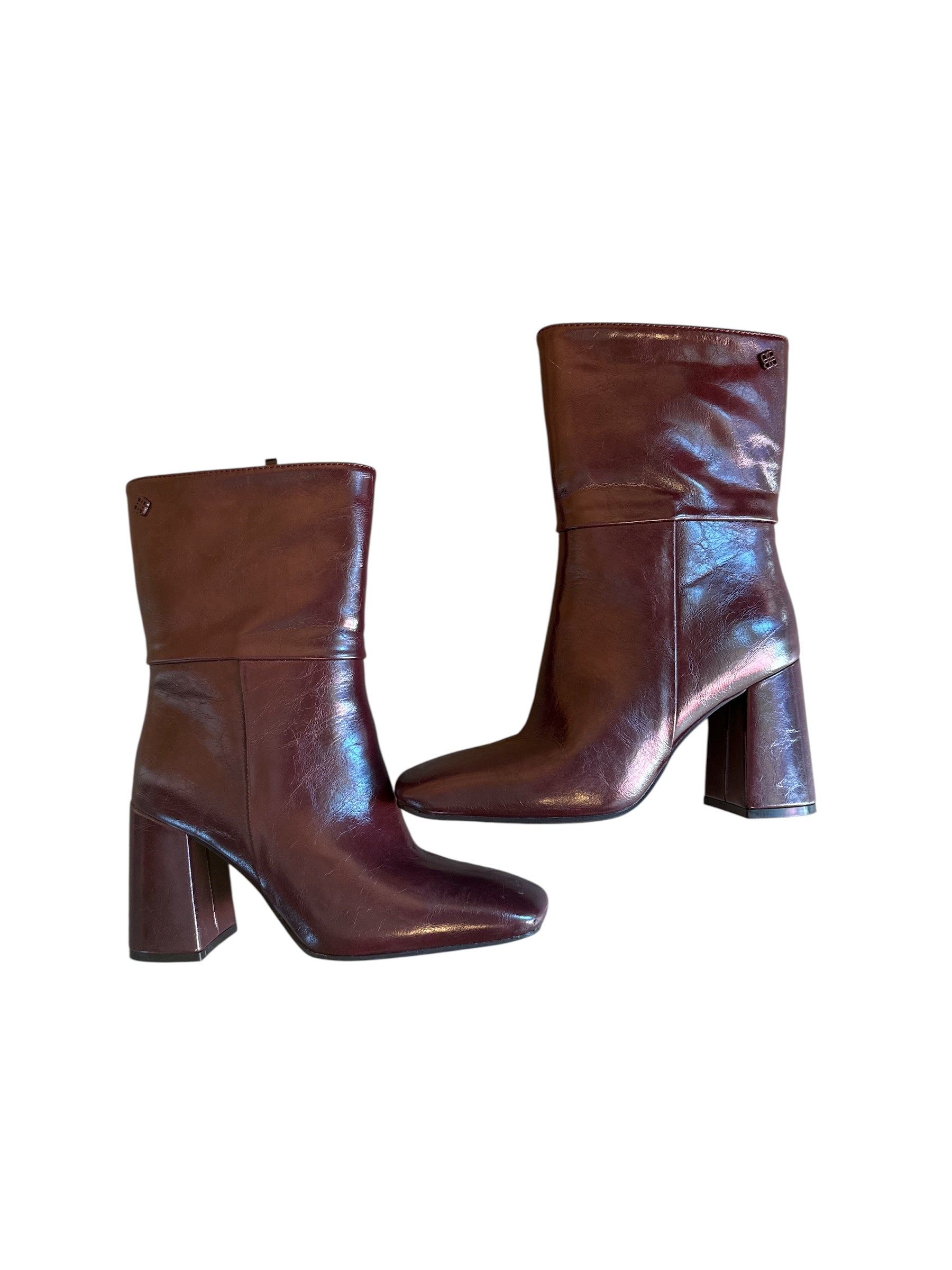 brown batared glossy booties, 36